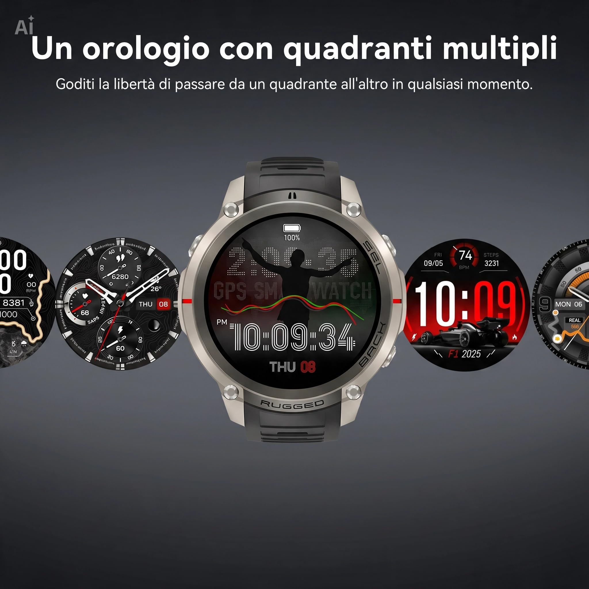 Smartwatch GPS con Mappe Offline, Bussola, Altimetro, Meteo – Orologio con Display AMOLED 1.43", Impermeabile 50M, Monitoraggio Cuore/Ossigeno/Pressione, Cinturino in Gel di Silice