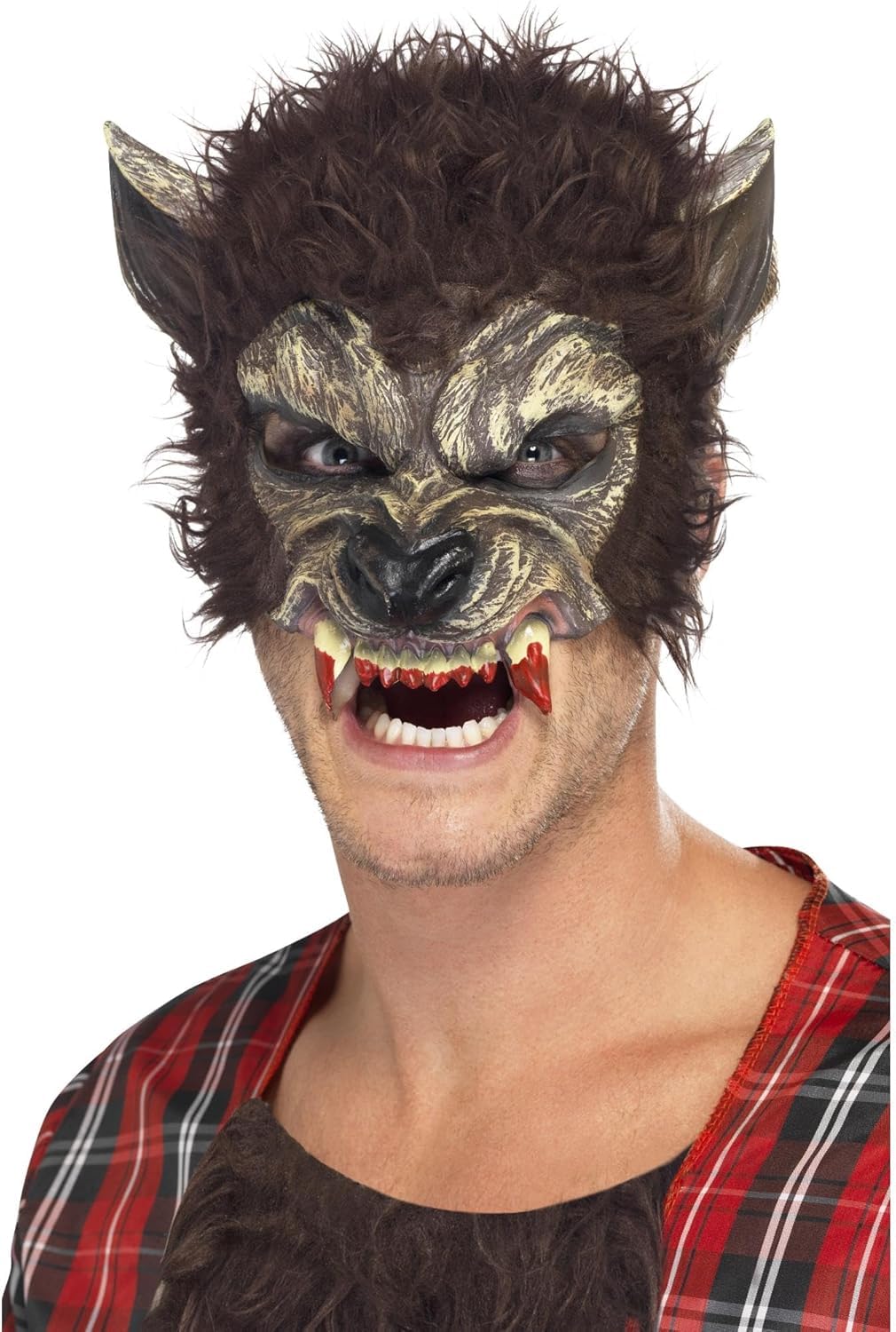 Smiffys Werewolf Half Face Latex Mask, Brown with Fur & Teeth, Halloween Fancy Dress Accessory, Werewolf Dress Up Masks Halloween