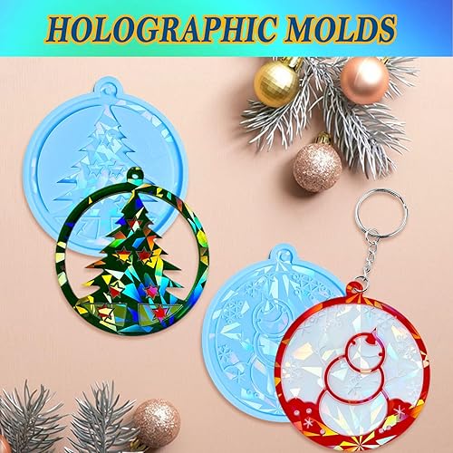 Miniatura 5 de DoreenBow 4 moldes de resina holográfica de Navidad, copos de nieve, adornos de Navidad, moldes para resina epoxi para bricolaje, llavero, colgante,
