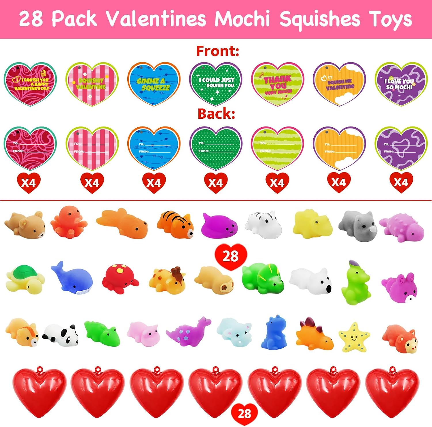 28 Pack Valentines Day Gifts for Kids, Mochi Squishies Party Favor Set with Valentines Greeting Cards for Kids Valentine School Gifts Prize Classroom Exchange Gift Set