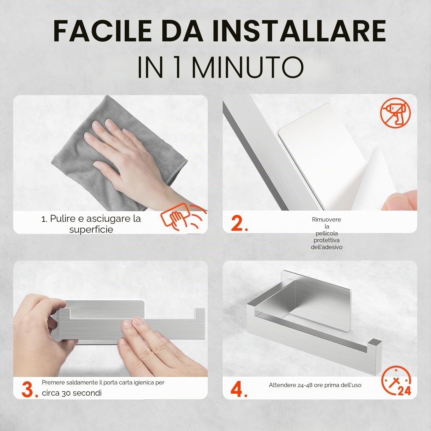Auxmir Porta Carta Igienica 2 Pz Acciaio Inox 304, Portarotolo Carta Igienica Adesivo, Antiruggine, Senza Foratura per Bagno, Toilette, Argento
