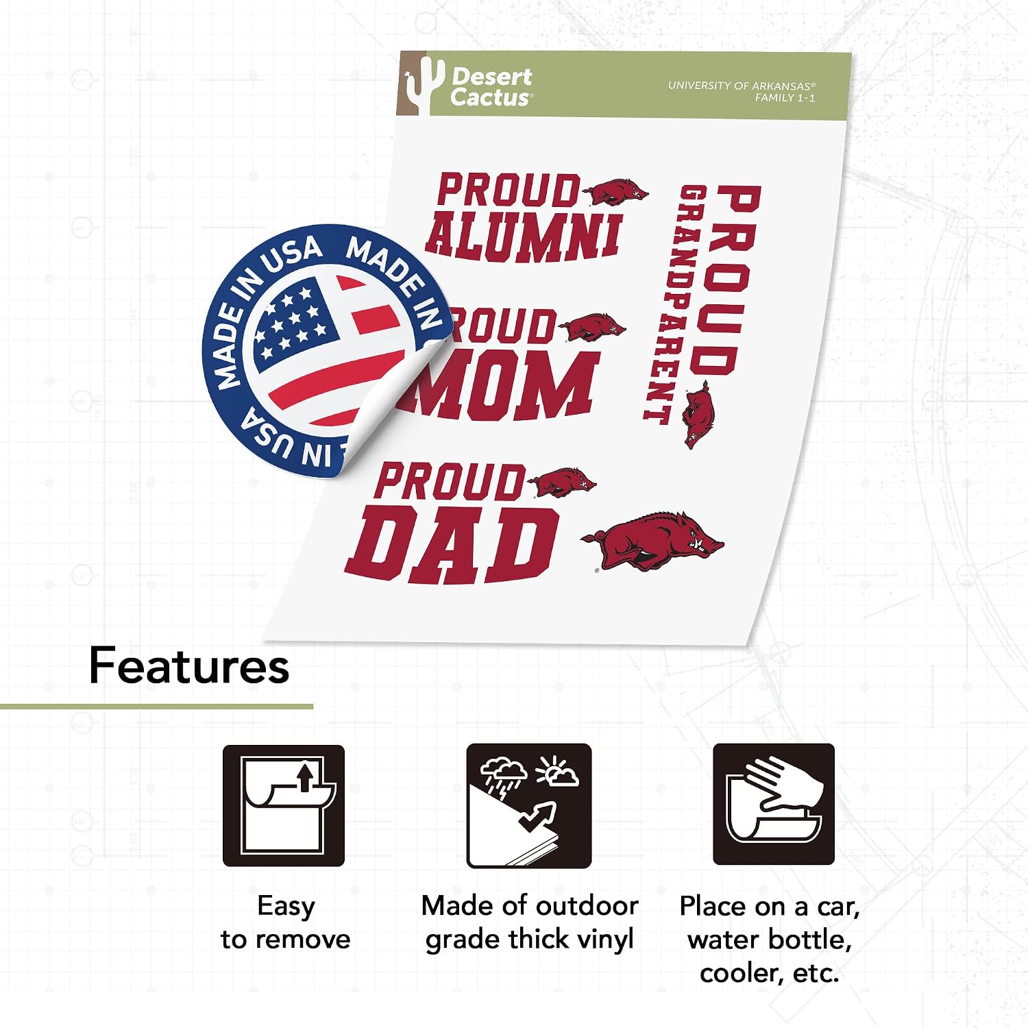 Desert Cactus University of Arkansas Sticker Razorbacks U of A Hogs Vinyl Decal Laptop Water Bottle Car Scrapbook (Family Full Sheet)