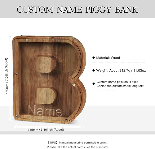 Miniatura 8 de Alcancía con nombre personalizado, 26 letras láser con texto personalizado, banco de monedas de madera, significado educativo, alcancía con nombre
