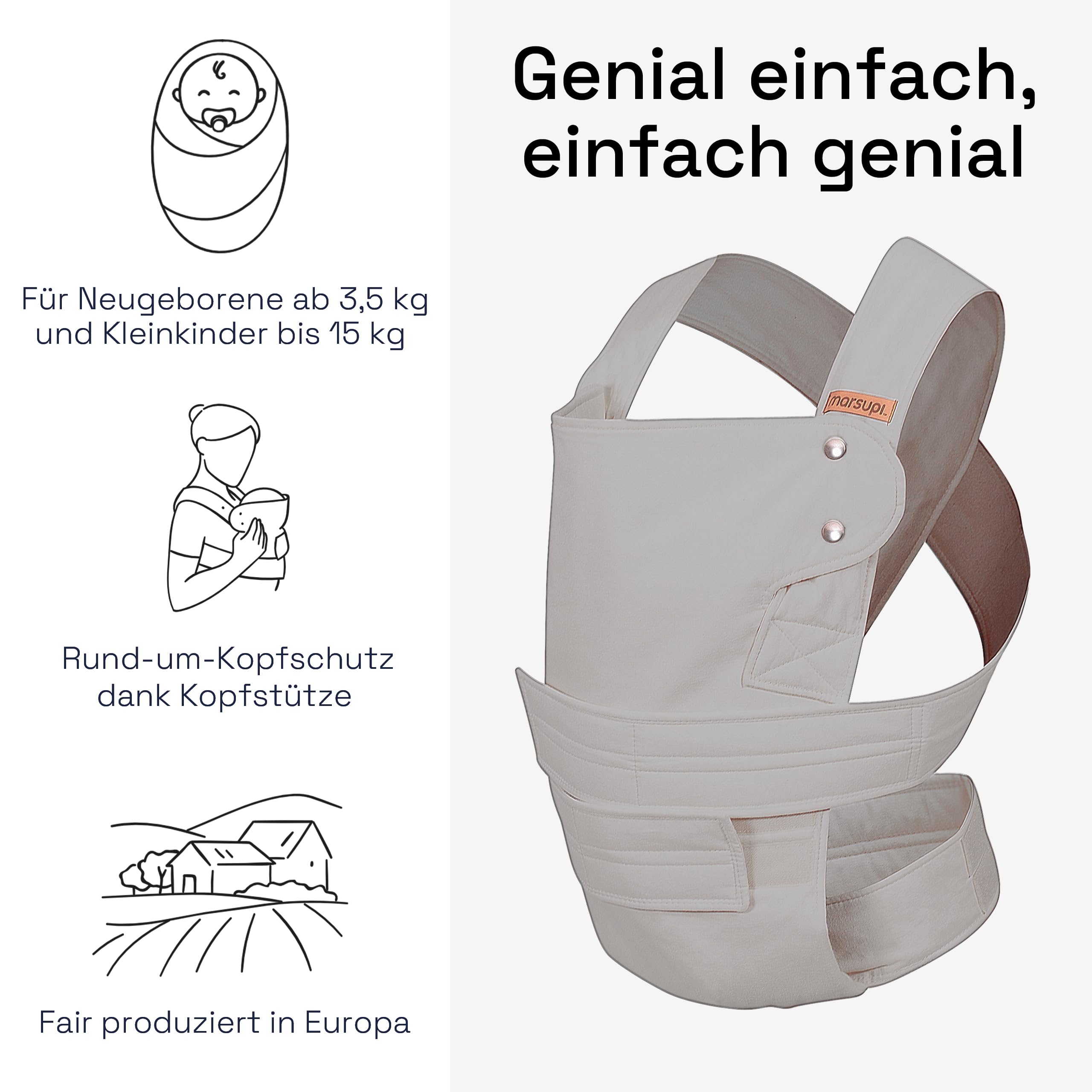 marsupi Babytrage für Neugeborene ab Geburt bis 15kg - kompakte Babytrage mit stabilem Klettsystem - aus luftigem Baumwoll-Leinen-Gewebe, Lightgrey (L)