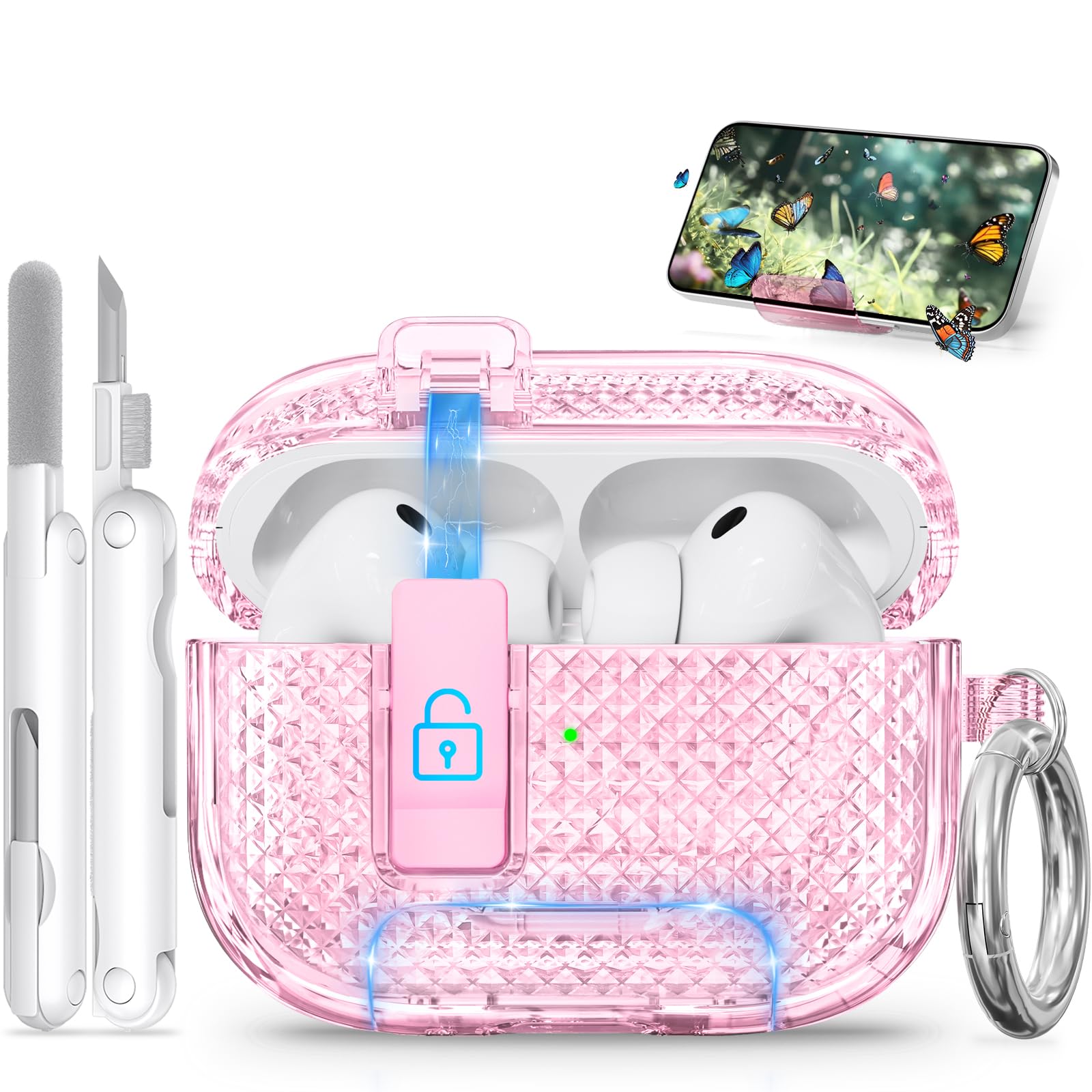 for AirPods Pro 3 Case with Phone Stand &amp; Secure Lock, Auto-Open Clear Case Cover Compatible with Apple AirPods Pro 3rd Generation with Cleaning Kit &amp; Keychain