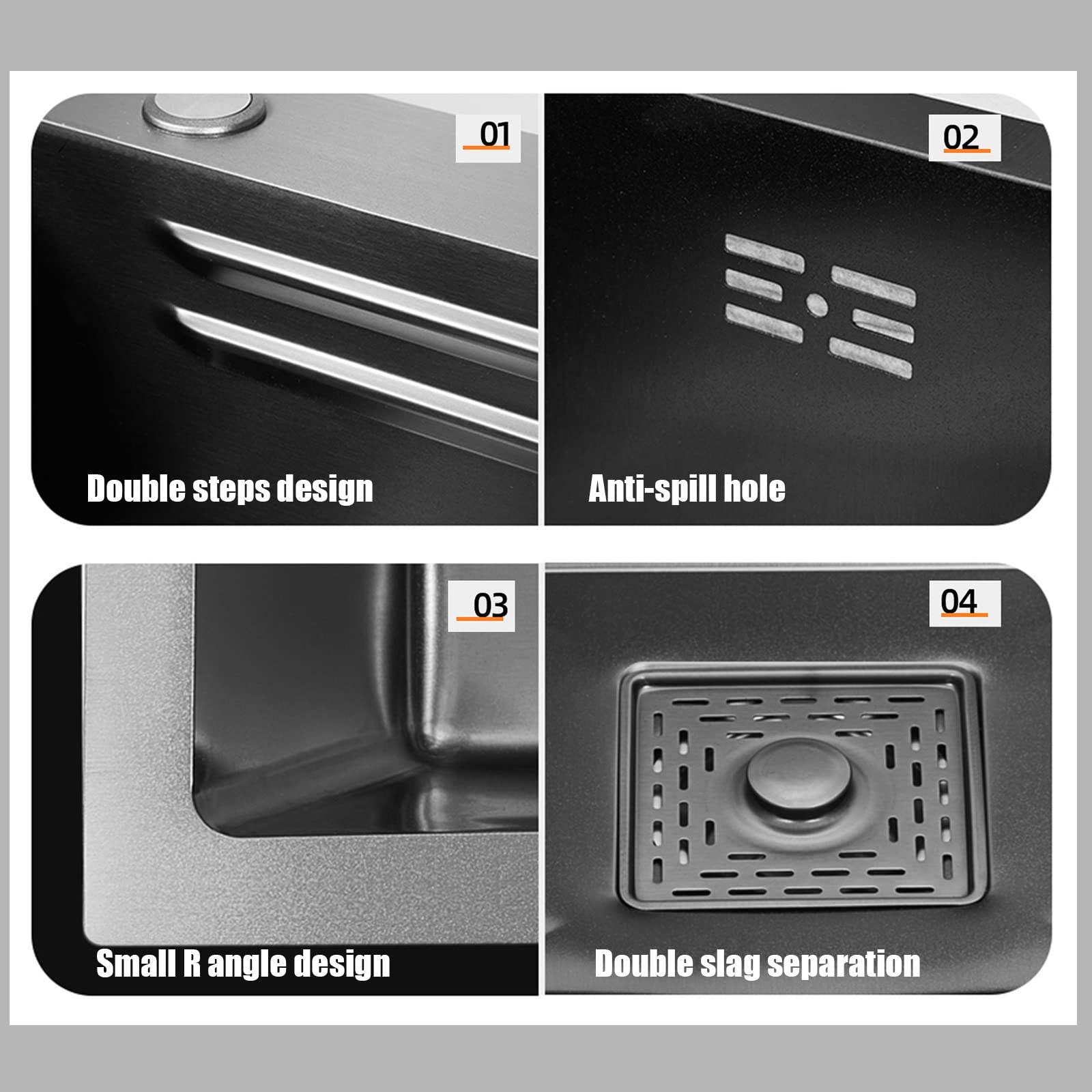 Lavello da Cucina A Vasca Singola Nero 304 Lavello a Cascata in Acciaio Inox lavastoviglie Lavello Singolo con rubinetto estraibile, tagliere, rondella della tazza E Componenti di Drenaggio ( Size : 6