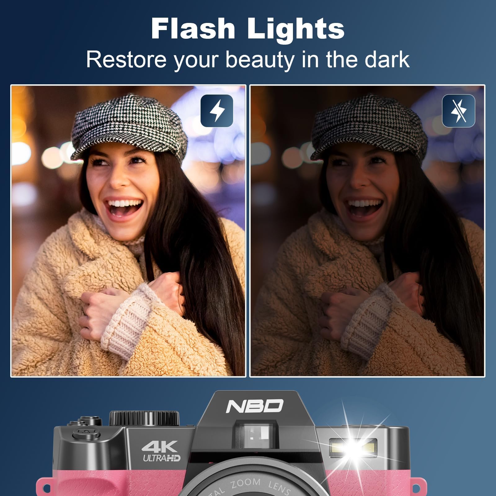 NBD 4K Digital Cameras for Photography - 48MP/60FPS Video Camera for Vlogging, WiFi & App Control, YouTube Vlogging Camera with 32GB TF Card. Wide-Angle & Macro Lens Included (Pink)