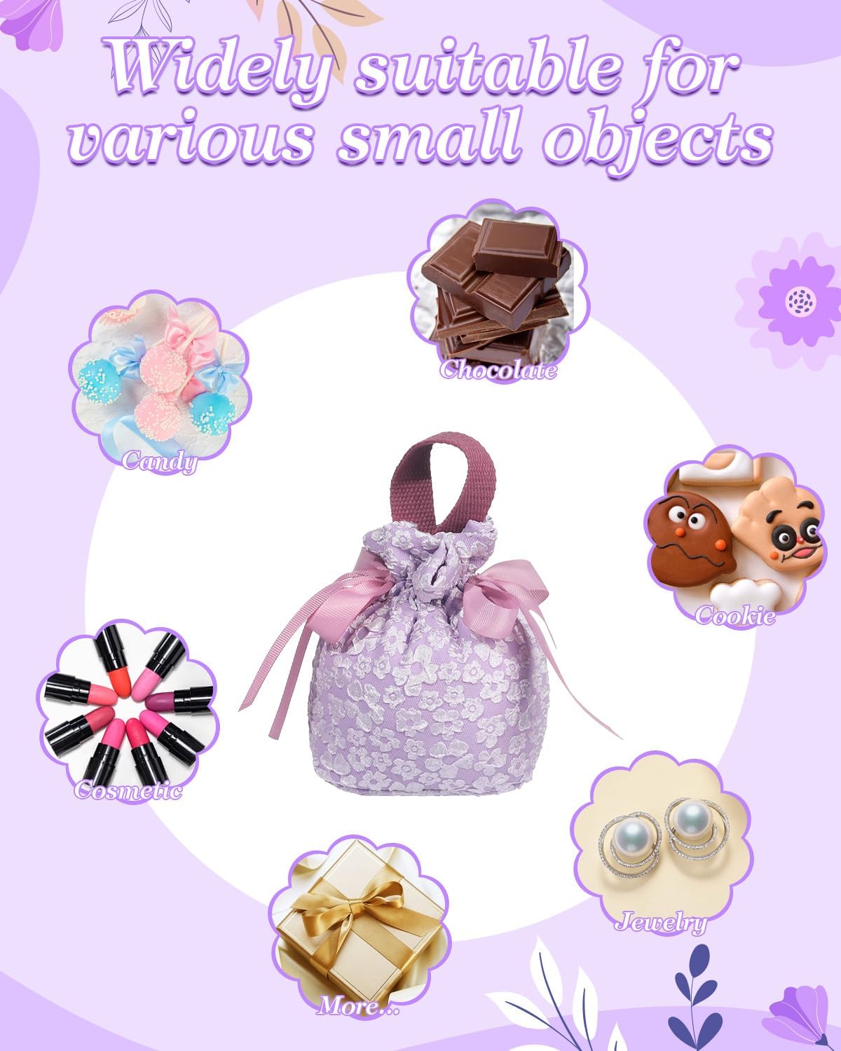 8 Pieces Floral Small Gift Bag with Handles, Drawstring Candy Pouch, Tea Party Favor Bags, Floral Thank You Gift Bags for Wedding Birthday Bridal Shower Baby Shower(Purple) - Image 7