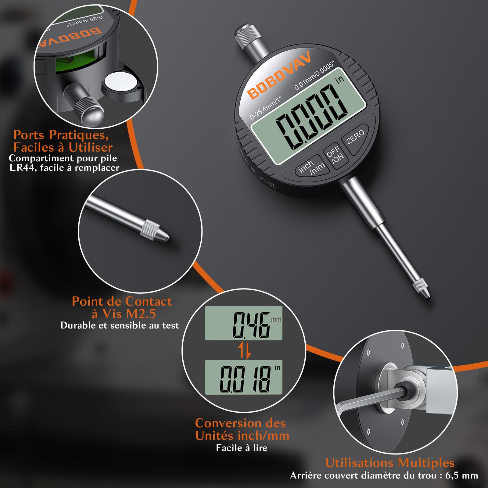 Indicateur Numérique À Cadran 0.01/.0005'' Avet Écran LCD Résolution De 0,01 Mm Sonde De Mesure À Comparateur Commutateur Mm/pouces Pour Mécaniques Et De Laboratoire