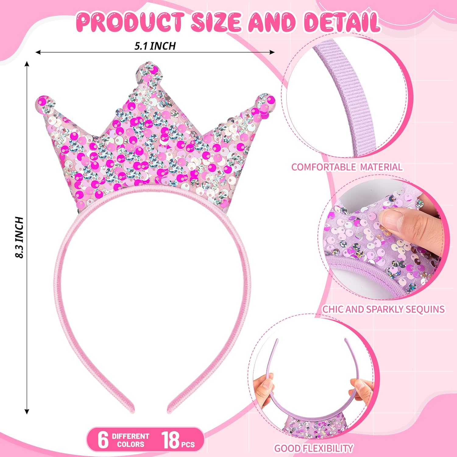 18PCS Princess Crowns Headband Glitter Headbands Crown Party Favors, Shiny Princess Crown for Little Girls Birthday Party Wedding Prom Cosplay Gifts (6 Colors) - Image 2