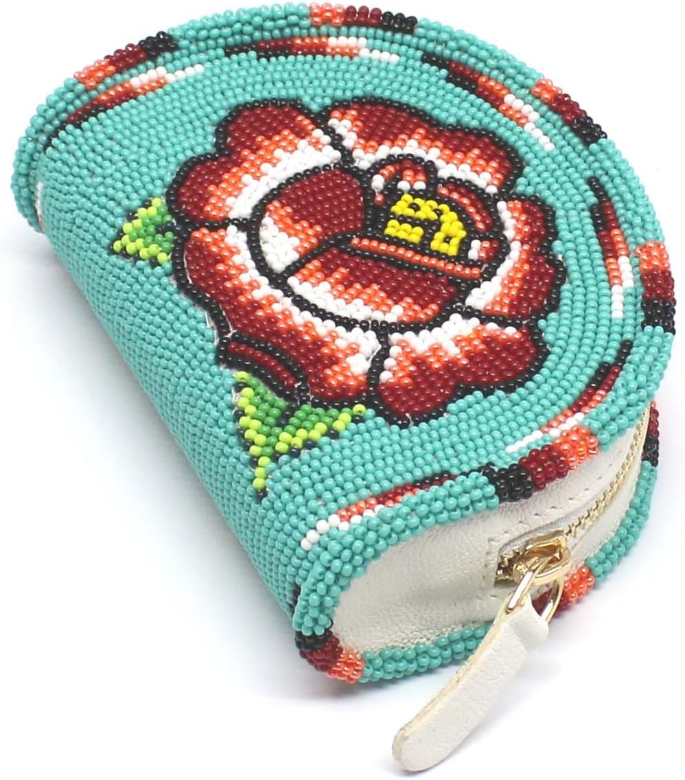Cute Small Coin Purse Women Turquoise Green Beaded - Handmade Mini Wallet Zipper Pouch Native American - Czech Glass Seed Beads Leather Change Purse Vintage Gift Wristlet Travel Compact - Image 2