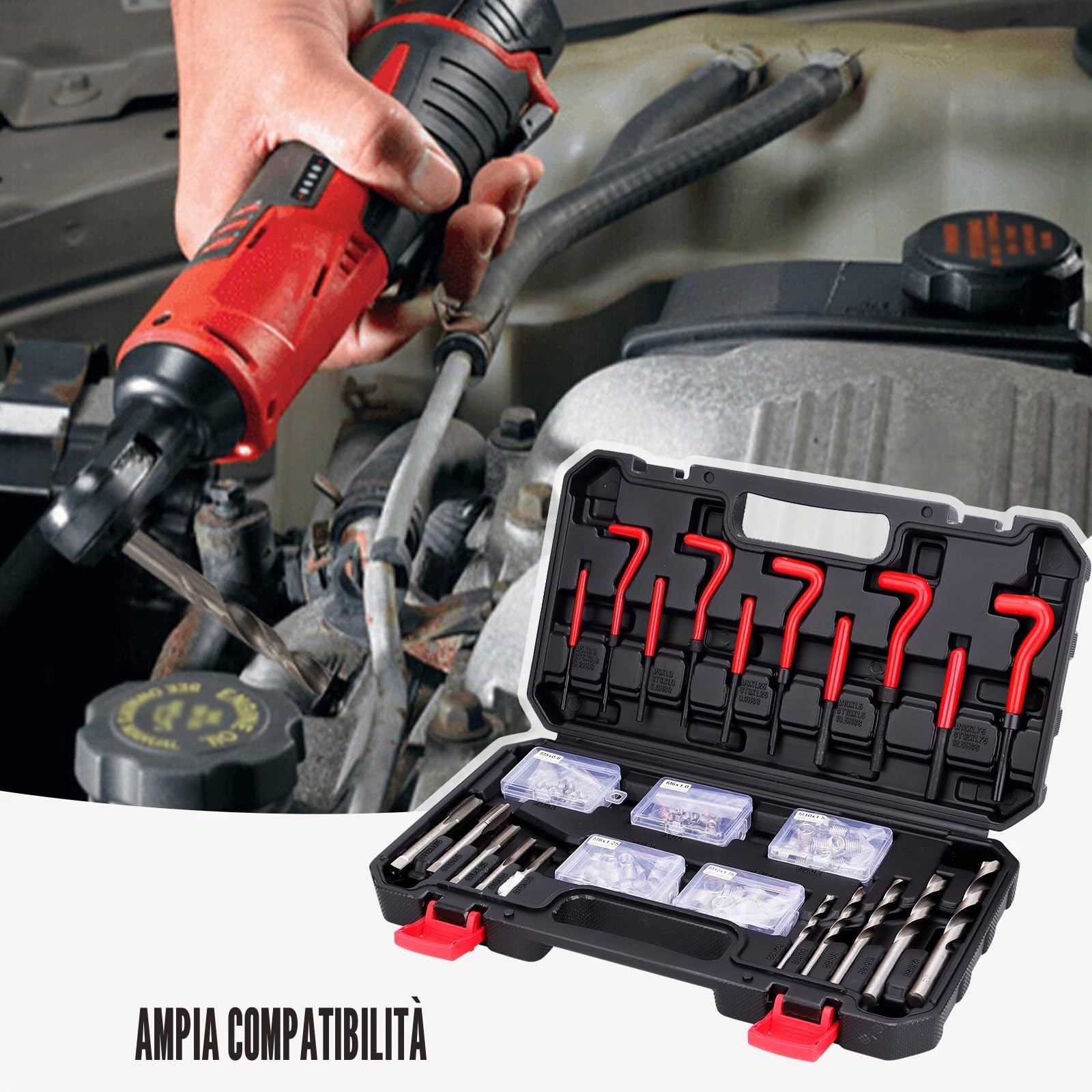 131 Pezzi Kit Riparazione di Filetti Kit Riparazione Filettatura,Kit di Riparazione per Trapano Helicoil Metrico M5 M6 M8 M10 M12,Kit di Riparazione per Viti e Filettatura Interna