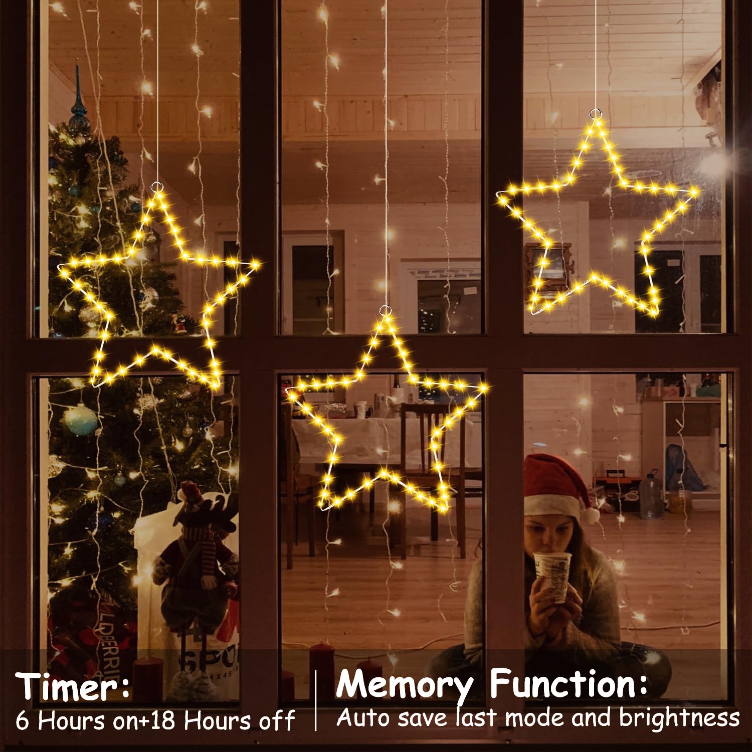 Luces Navideñas Con Forma De Estrella - Pack De 3, 120 LED, A Pilas, Control Remoto, 8 Modos, IP44, Para Interior Y Exterior