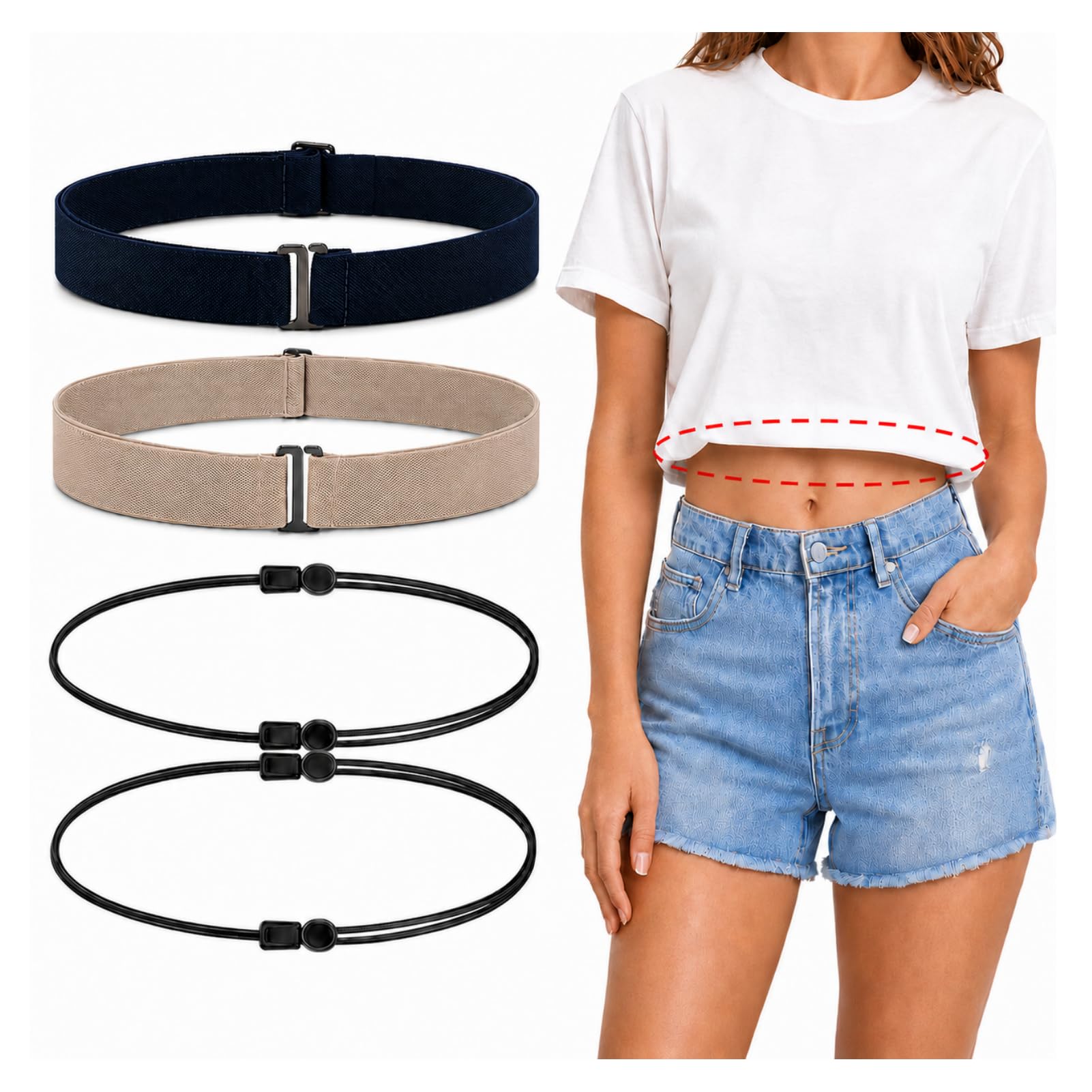 Vinspire Shirt Tuck Band Women, Adjustable Crop Top Band for Tucking, 4 Pack Invisible Shirt & Sweater Tuck Band Set, Elastic Waist Belt for Women, 2 Wide + 2 Slim No Sew Styling Bands