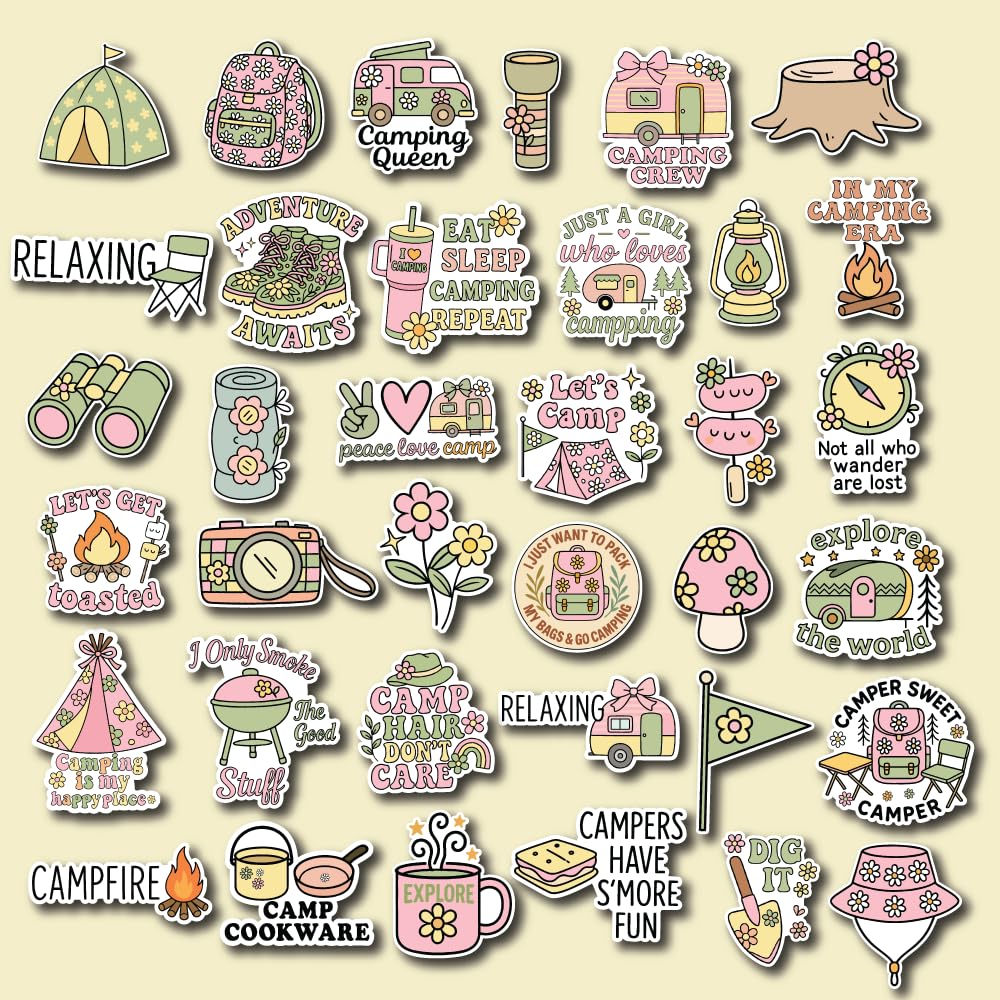 Groovy Naklejki kempingowe – wodoodporne winylowe pastelowe naklejki kempingowe – estetyczne naklejki na namiot turystyczny na butelkę z wodą, pamiętnik, album do scrapbookingu, chłodziarki.