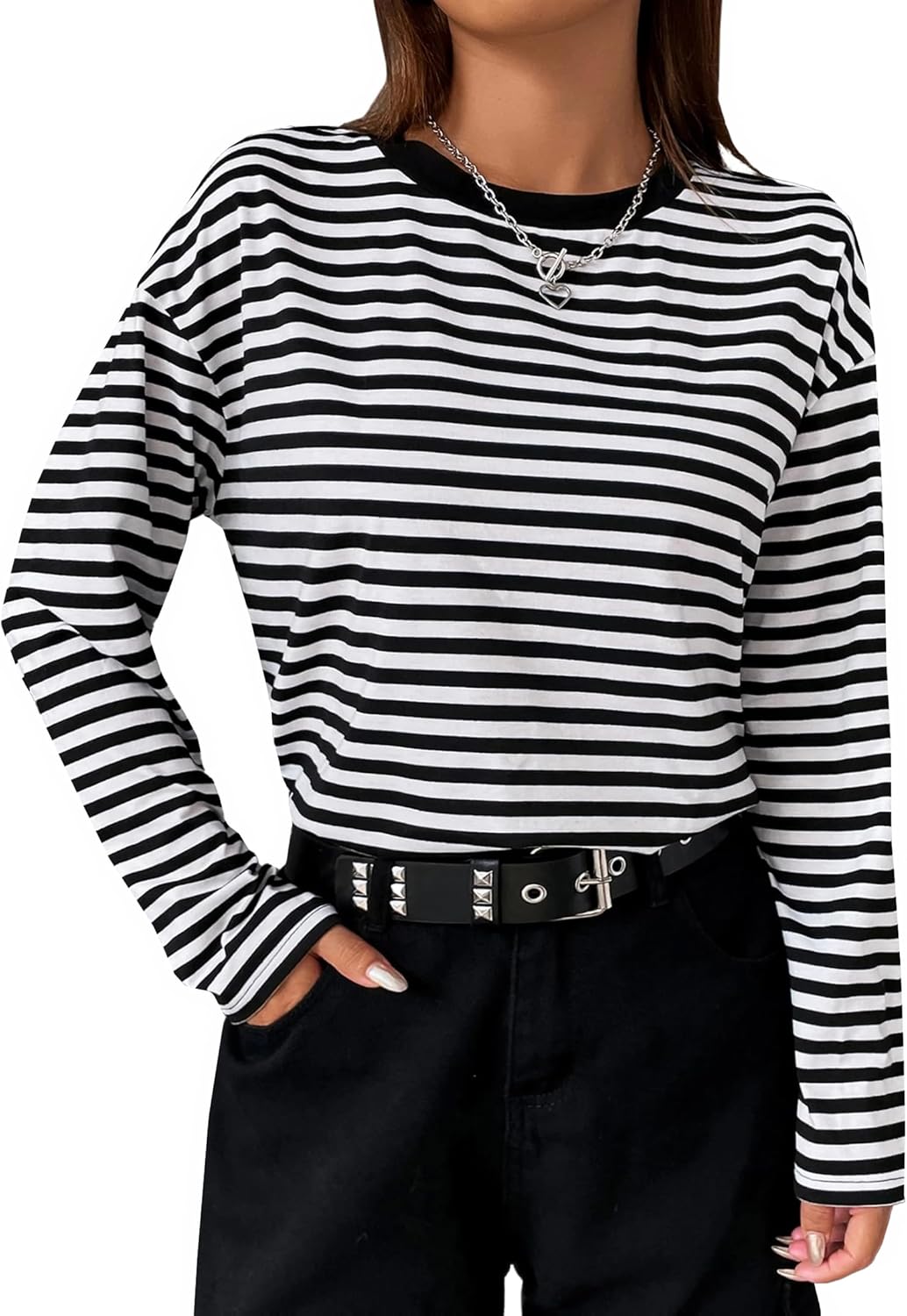 LilyCoco Womens Long Sleeve Striped Shirts Casual Color Block Crew Neck T Shirts