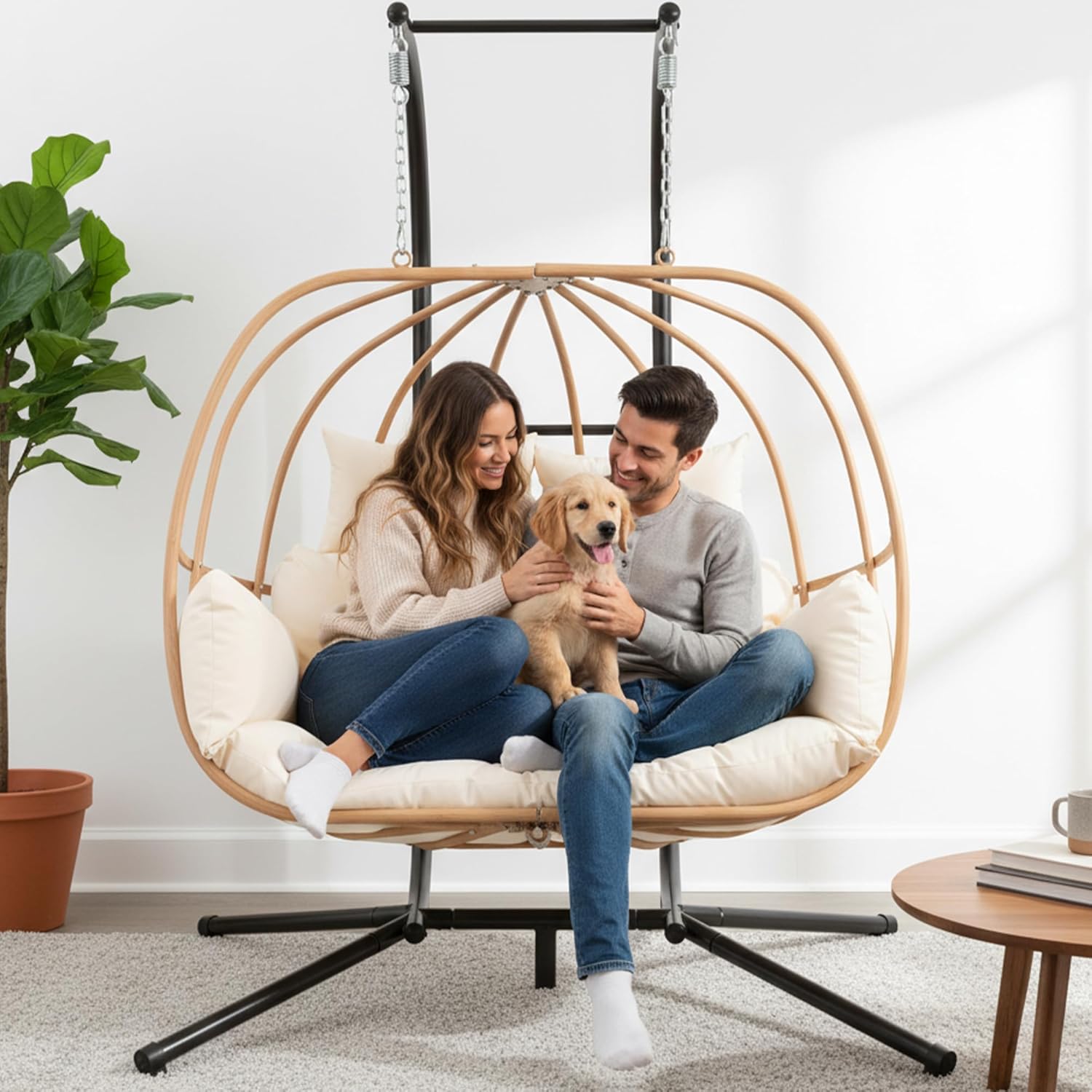 Hanging Chairs with Stand, All Weather Double Egg Chair Outdoor, Metal Hanging Egg Chairs Outdoor, 2 Person Oversized Swing Egg Chair, Modern Balcony Basket Loveseat for Indoor/Deck, Beige