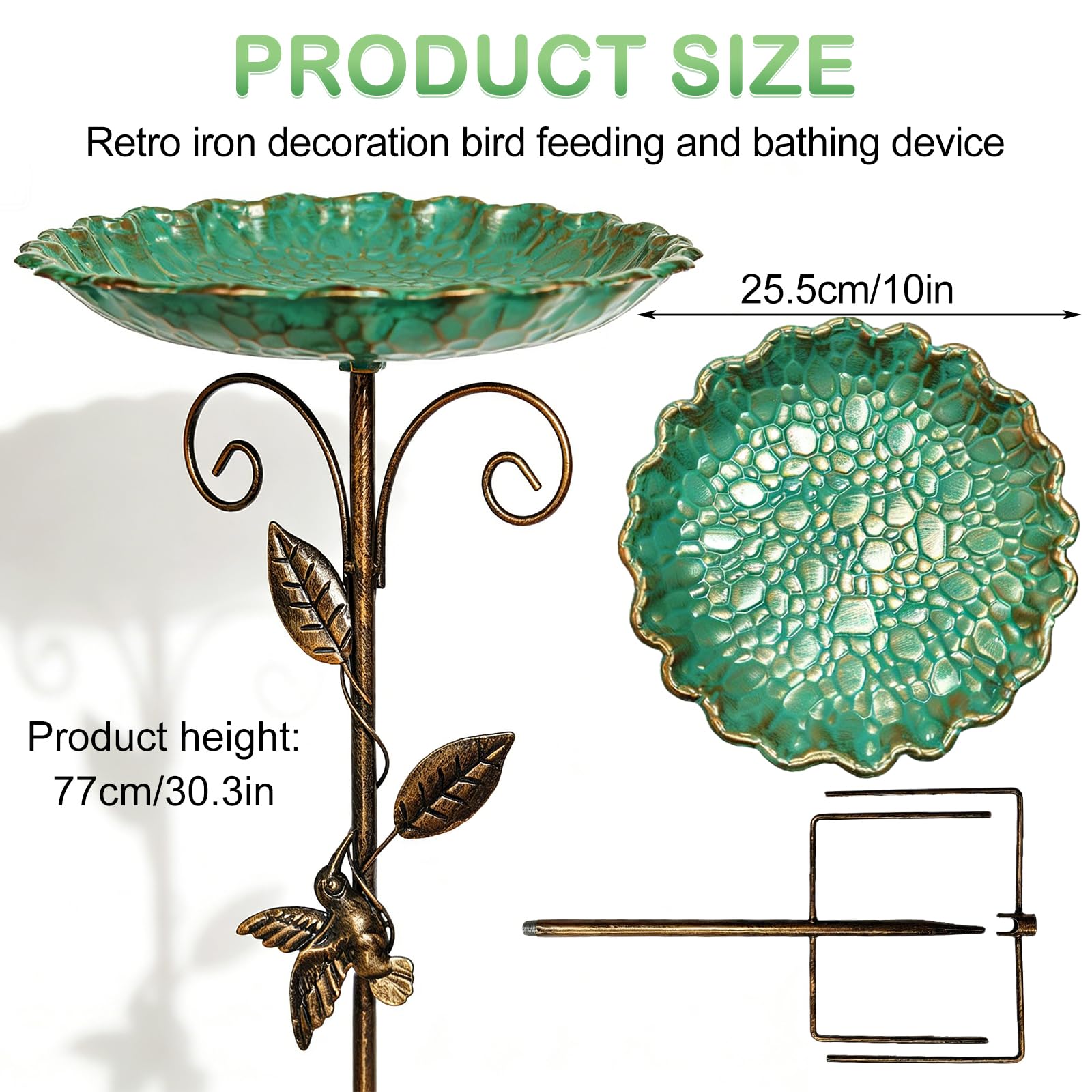 GOMETY Bebedero para pájaros de pie, para jardín, resistente al invierno, de metal, resistente a las heladas, para exteriores, 2 en 1, bebedero para pájaros y comedero para aves silvestres, 77 cm