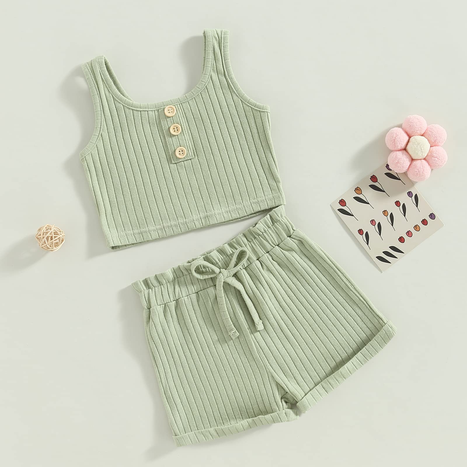 Baby Girl Summer Clothes Kids Sleeveless Ribbed Vest T Shirt Top + Rolled Shorts 2PCS Sets Toddler Casual Outfits (Bean Green,2-3T)