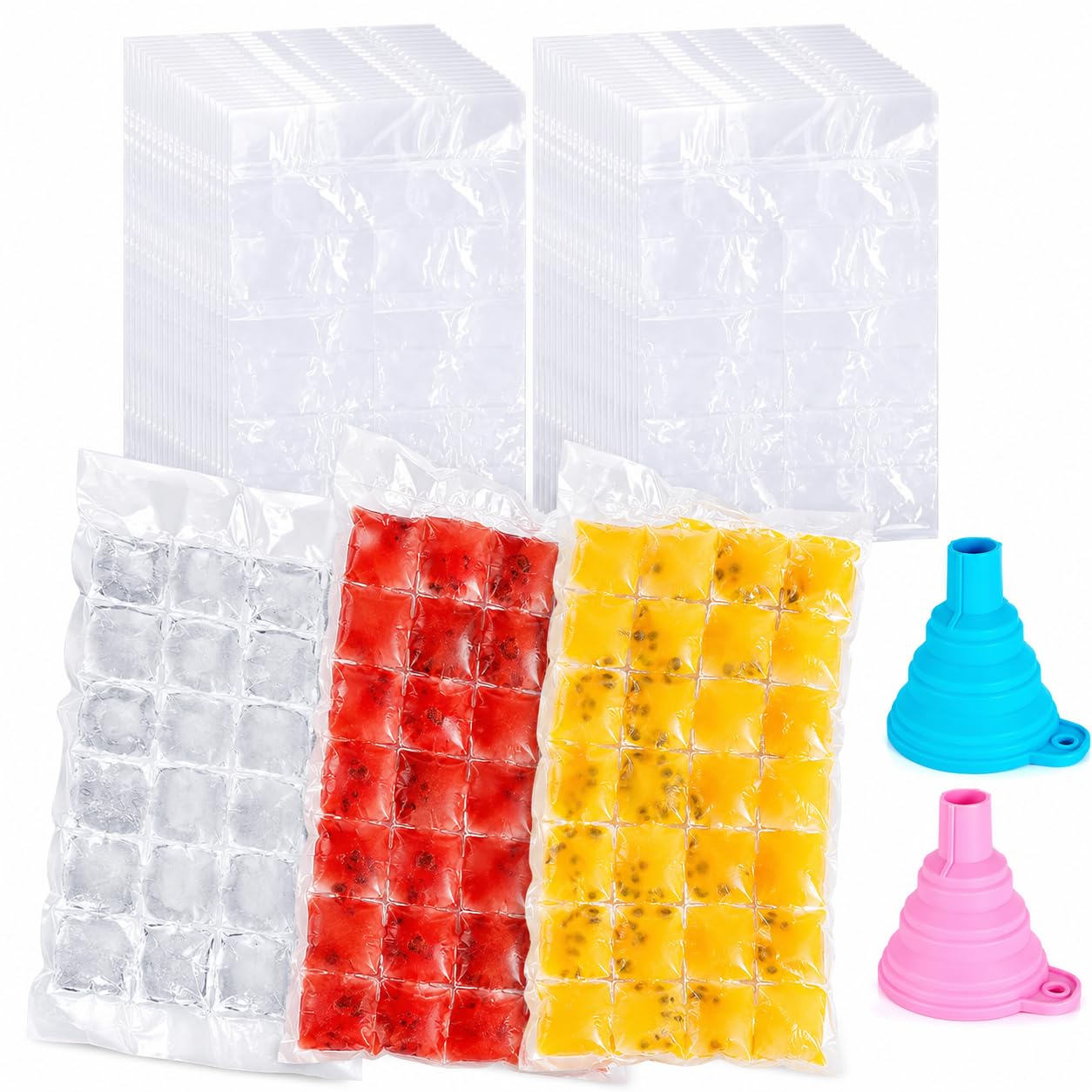 150Pcs Ice Cube Bags, Ice Bags, Set with Two Folding Funnels, for Freezer and Camping Use