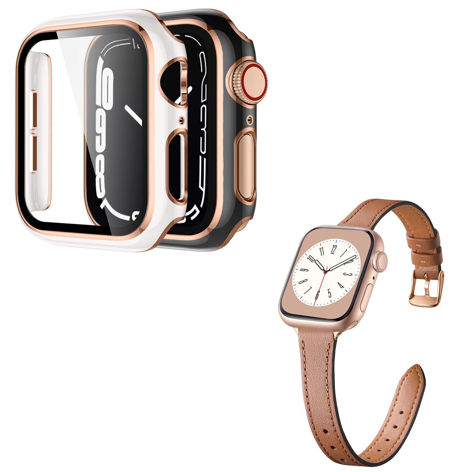 Charlam 2 Pack Elegant Apple Watch Case 38mm & Genuine Slim Leather Apple Watch Band for iWatch Series 3 2 1