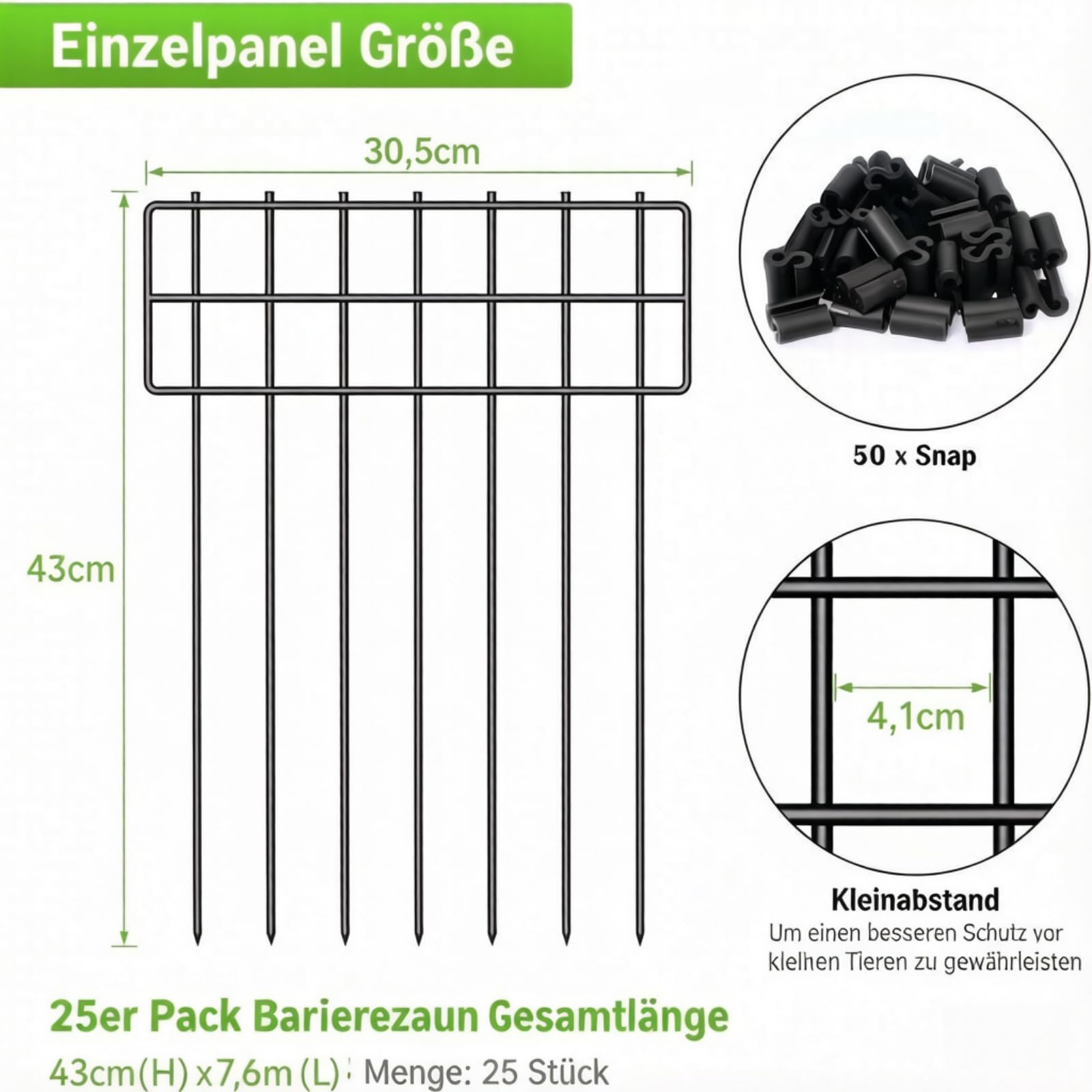 25 Stück Tier-Absperrzaun, 43,2 cm (H) x 7,6 m (L), kein Graben, dekorativer Gartenzaun, rostfreier Metalldraht, Gartenzaun-Bordüre für Hunde, & Kaninchen, Garten, Terrasse, Hof | Rostfestig,Metall Zaun,Beetzaun für Freien Patio Grenze