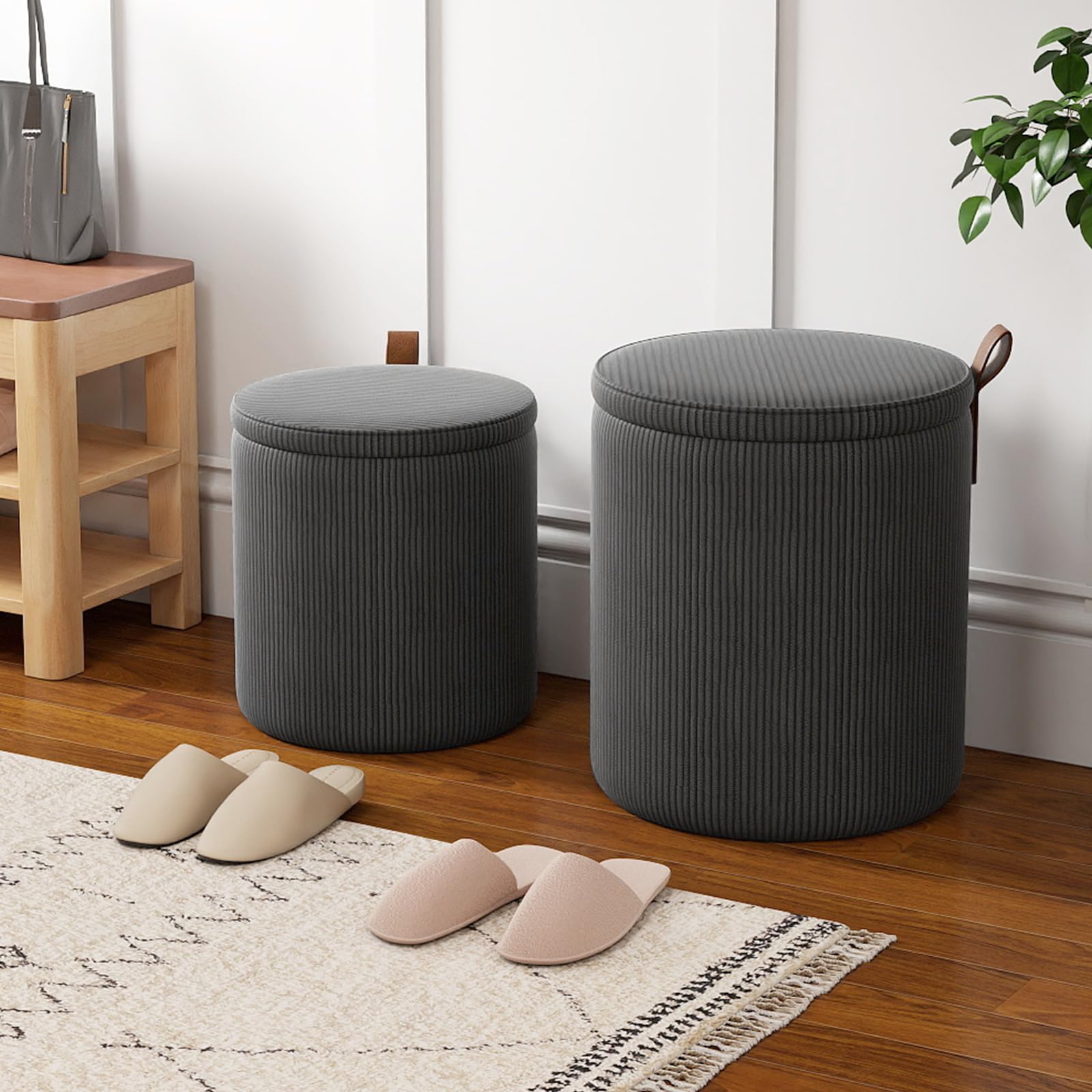 COSTWAY Set di 2 Pouf Contenitore in Velluto, Pouf Rotondi Imbottiti da 40L + 25L, Sgabelli con Contenitore per Soggiorno, Camera da Letto, Portata 150 kg (Grigio)