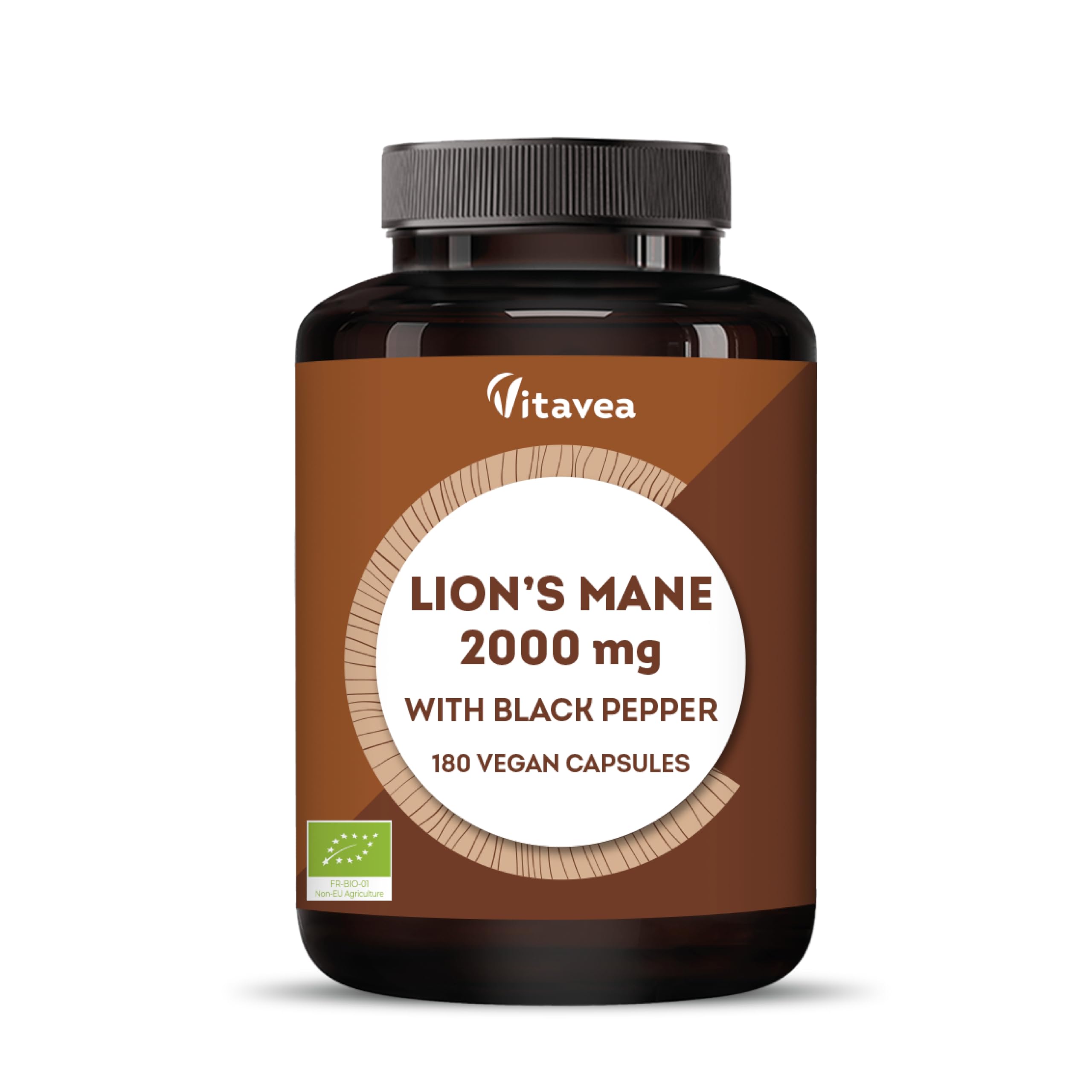 Lions Mane Supplement 2000mg with Black Pepper, 180 Vegan Capsules – Organic Lion’s Mane Mushroom 30:1 Extract, 40% Polysaccharides & Beta Glucans – Focus, Memory & Mental Clarity – Vitavea