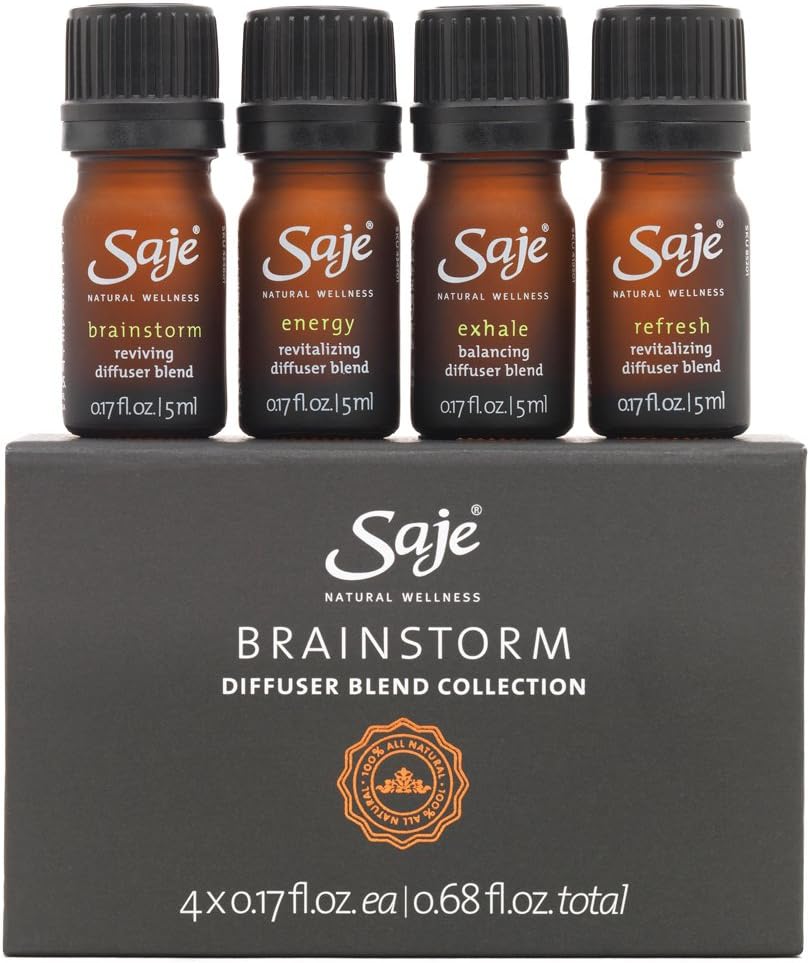 Saje Brainstorm Diffuser Blend Set, Aromatherapy Essential Oil Blends, 4 (0.17 fl oz) Bottles, 100% Natural