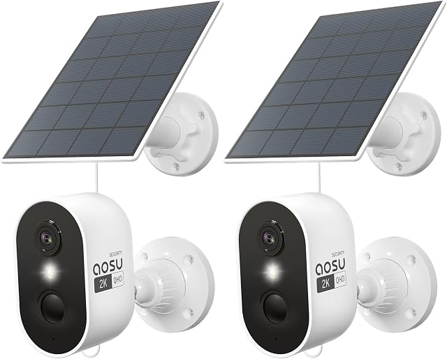 AOSU 2K Security Camera Wireless Outdoor, Solar Powered Security Camera with Spotlight, Siren, Motion Detection, Full Color Night Vision, 2-Way Audio, IP66, Compatible with Alexa, 2.4GHz WiFi (2PACK)