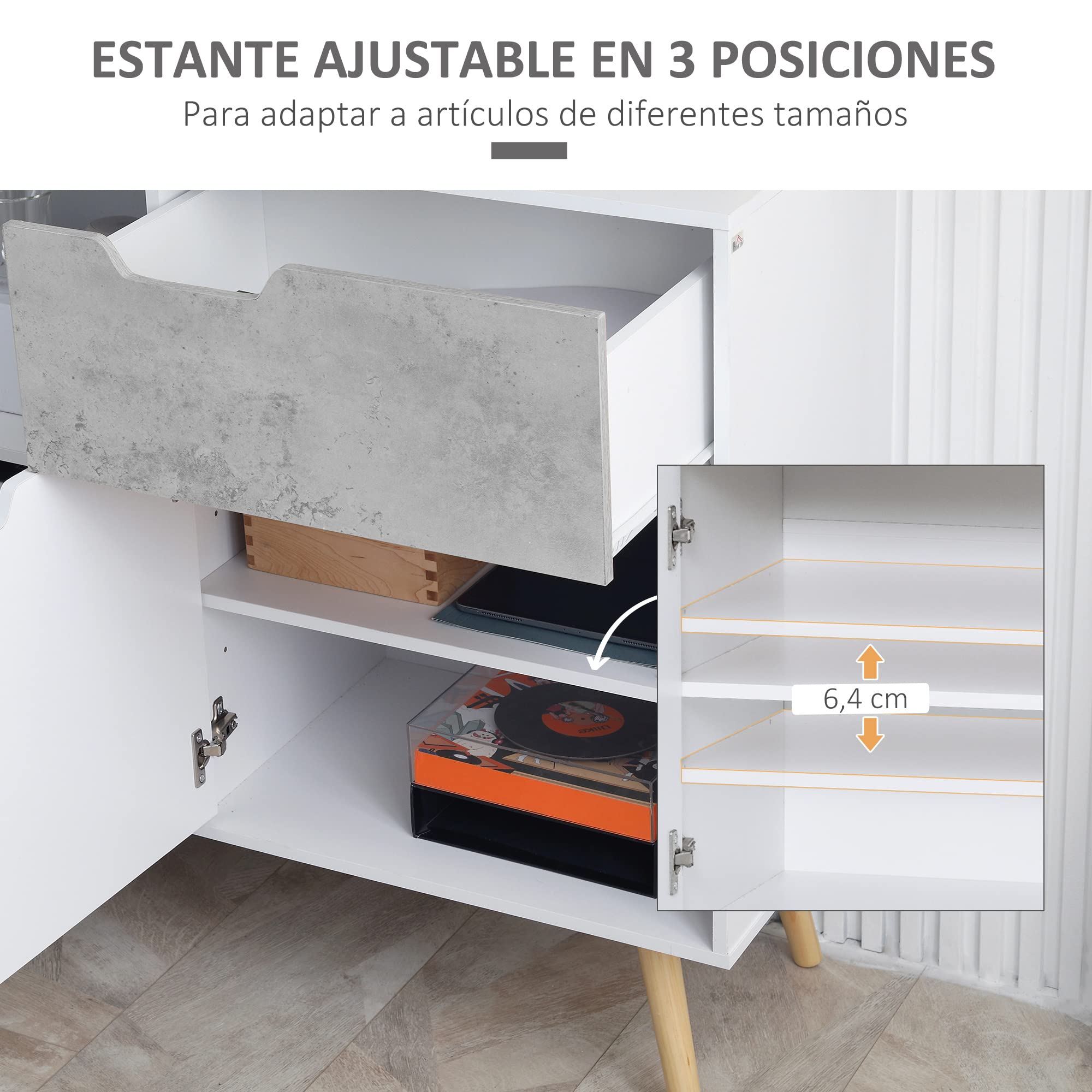 HOMCOM Aparador de Cocina Buffet 2 Puertas 1 Cajón 98x39x81,5 cm Blanco | Armario de Almacenaje, para Salón Estudio Dormitorio, Estilo Moderno