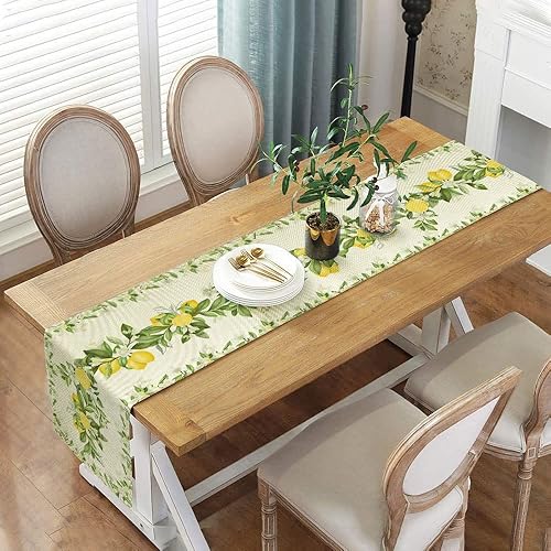 Miniatura 5 de Camino de mesa de primavera y verano con hojas y flores, fruta de temporada, decoración de mesa de comedor, lino largo, amarillo y verde, decoración