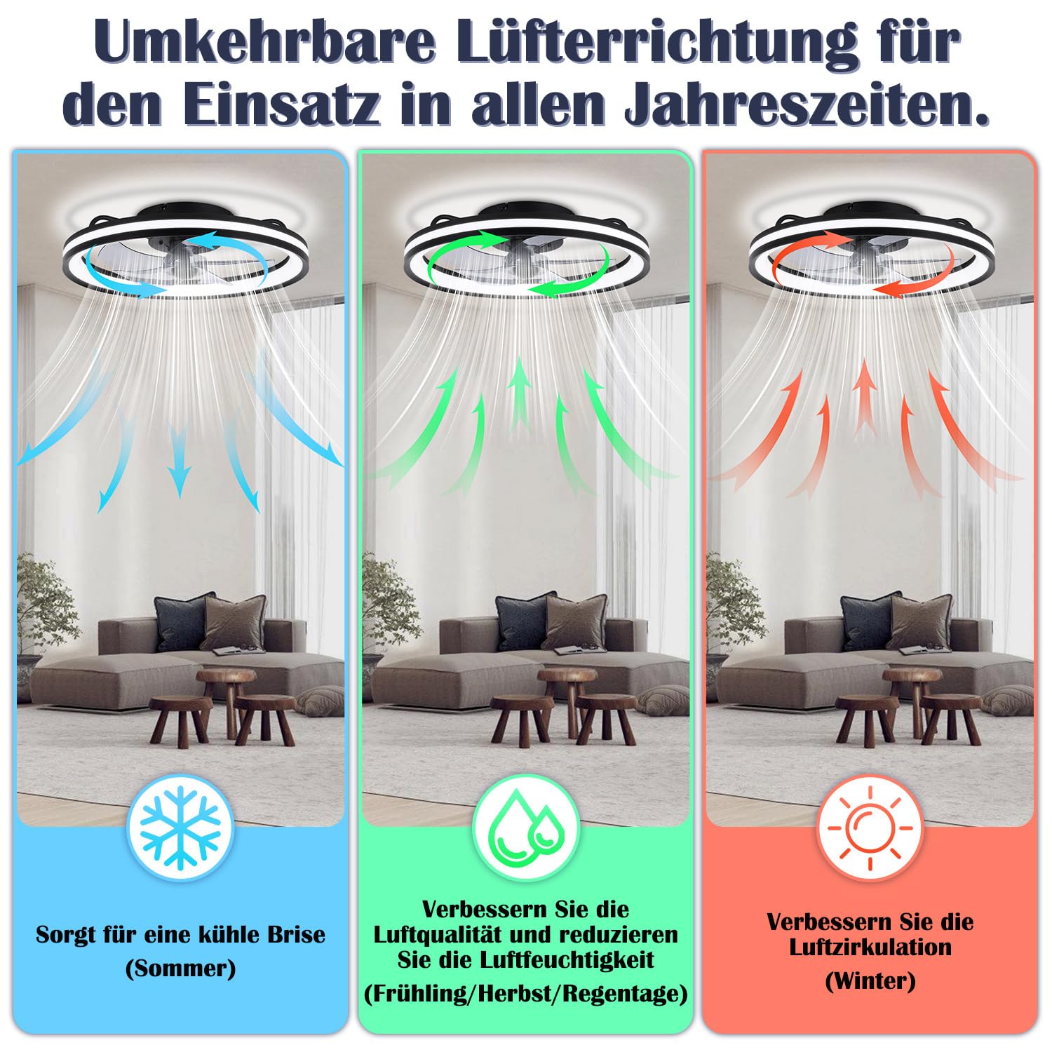 2 ventiladores de techo con iluminación y mando a distancia, diámetro de 48 cm, lámpara de techo con ventilador regulable, 3 temperaturas de color y 6 niveles, función verano/invierno, con