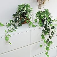 ALYPTUS Fake Pothos Hanging Plants 33" Set of 2 Artificial Silk Ivy Vines with Pots - Realistic Golden Green Faux Greenery for Home Office Bathroom Decor