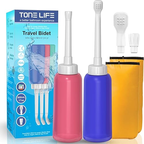 Bidé portátil azul + rosa para mujeres y niños con 2 boquillas + tubo escalable  Bidés de viaje de 16.9 fl oz  Peri Bottle Bidé personal de mano de