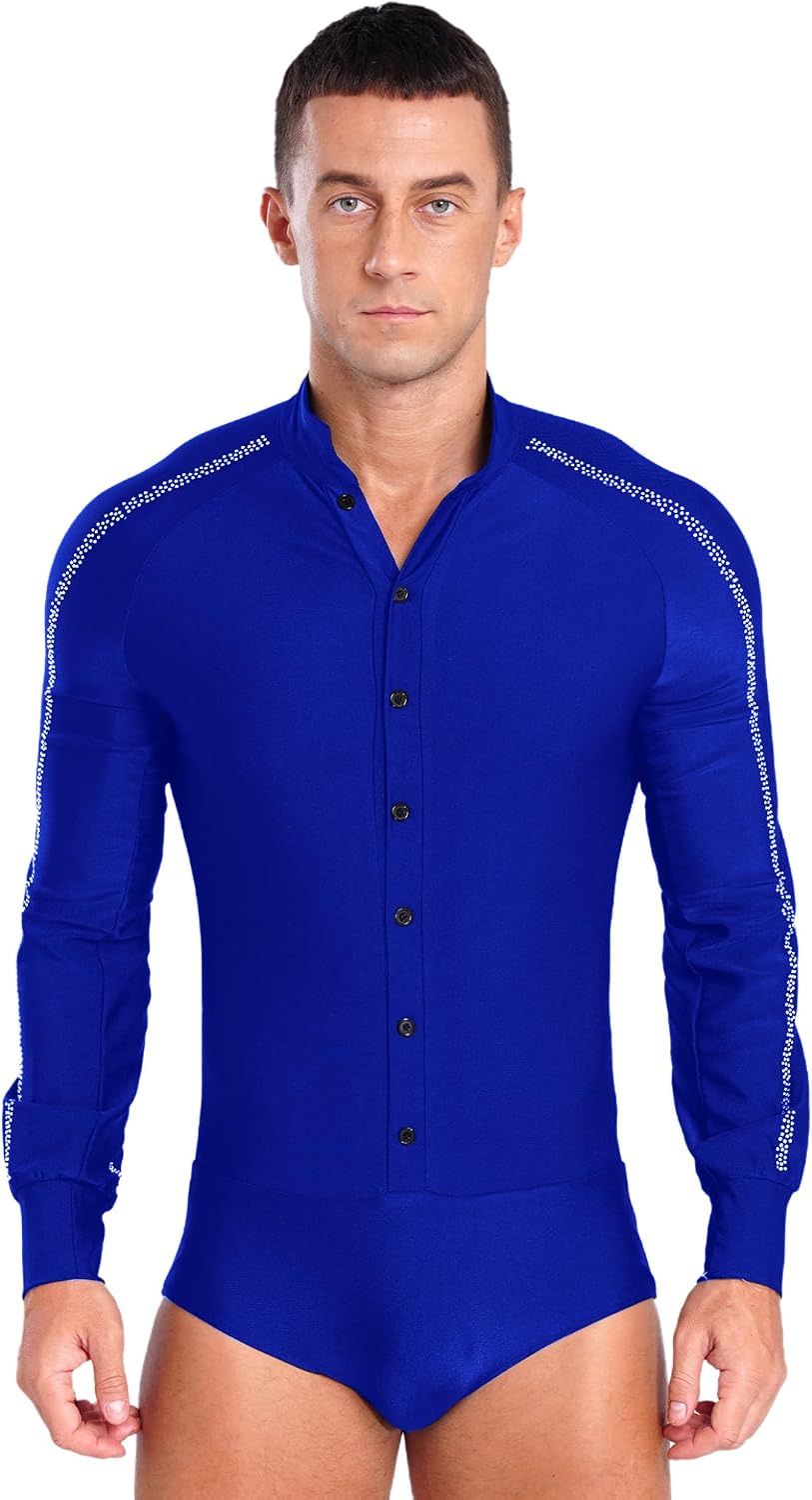 Men's Sequins Dance Shirts Unitard Long Sleeve Bodysuit Ballroom Salsa Samba Dance Leotard Tops