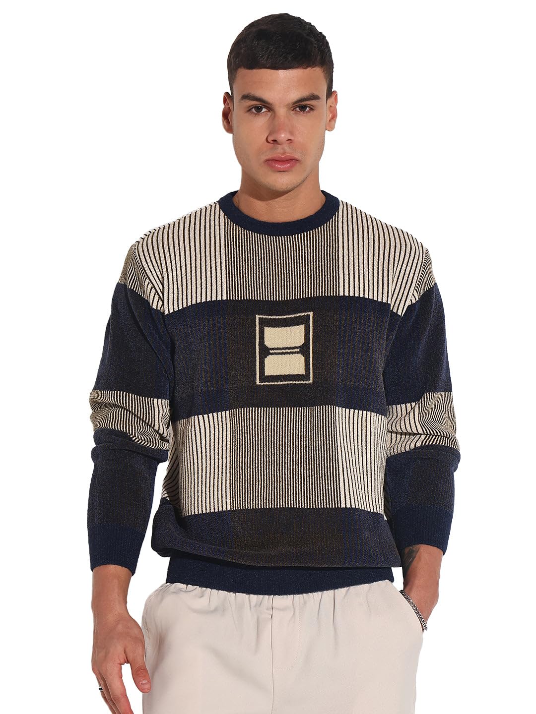 showoffff Edition Men's Striped Navy Blue Ribbed Round Neck Sweater-LBR-2510_NavyBlue-picture-21