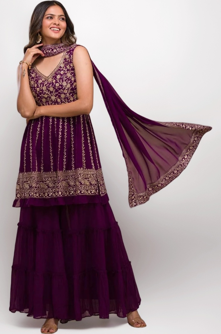 Womens Purple Designer Zariwork Georgette Readymade Sharara Suit
