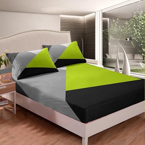 Miniatura 3 de Erosebridal Juego de sábanas bajeras de color verde lima, negro, gris, triángulo geométrico, juego de ropa de cama de retazos geométricos para