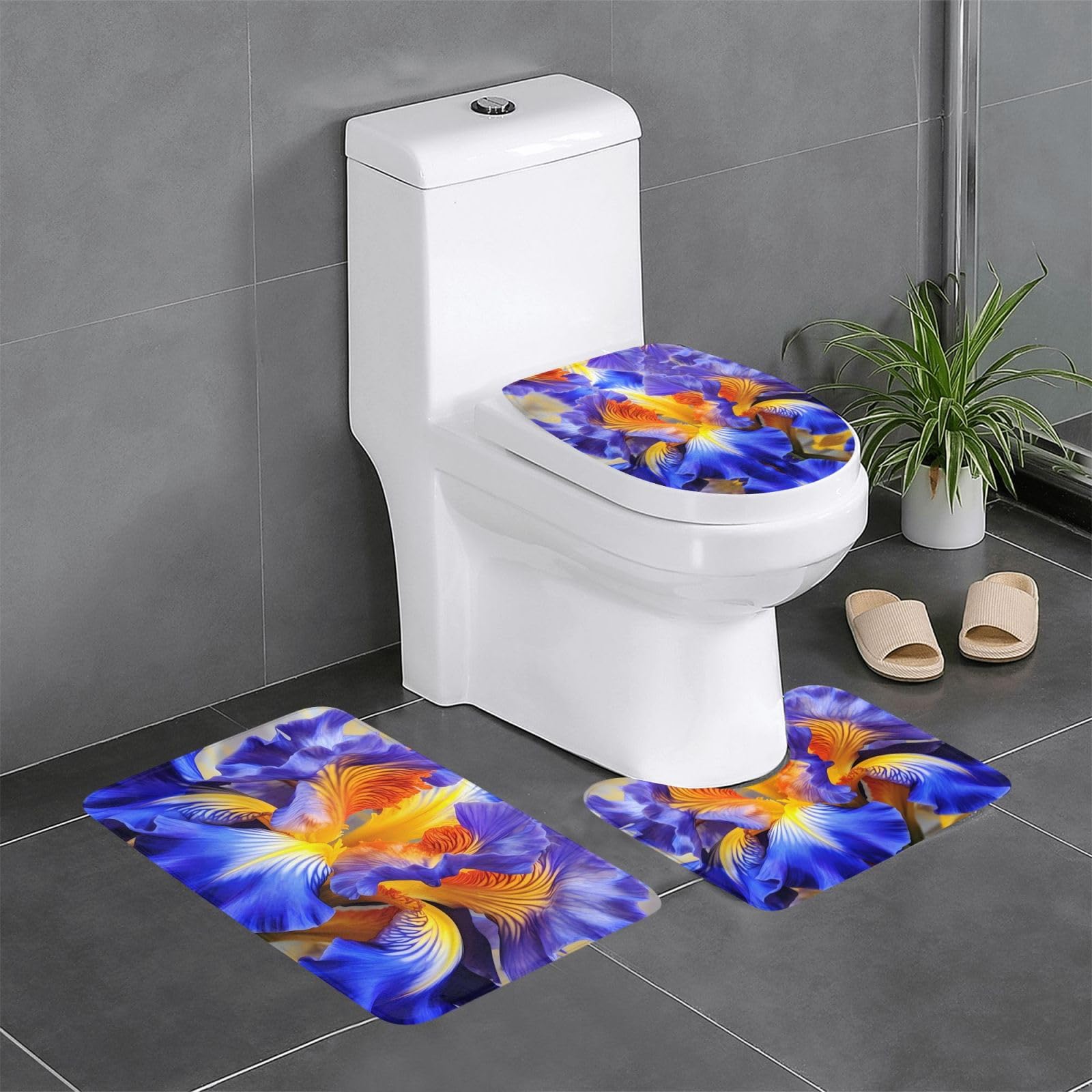 Tapis de salle de bain haut de gamme motif floral jaune bleu lot de 3