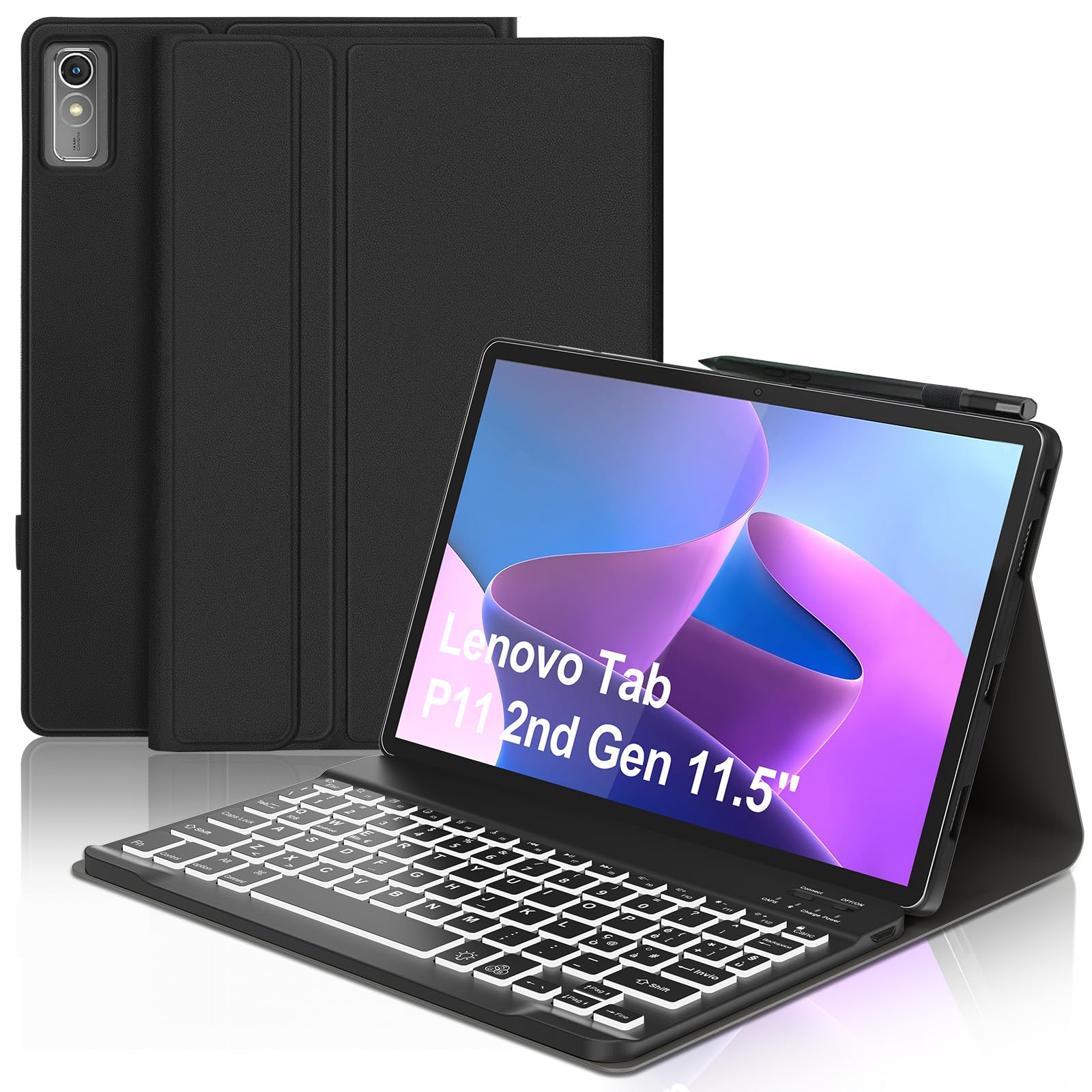Tastiera per Lenovo Tab P11 (2nd Gen), 7 funzioni di retroilluminazione, Custodia per 11,5" per Lenovo Tab 11(TB350FU/TB350XU 2022), Tsatiera Italiano Slim Bluetooth Rimovibile Magnetica, Nero
