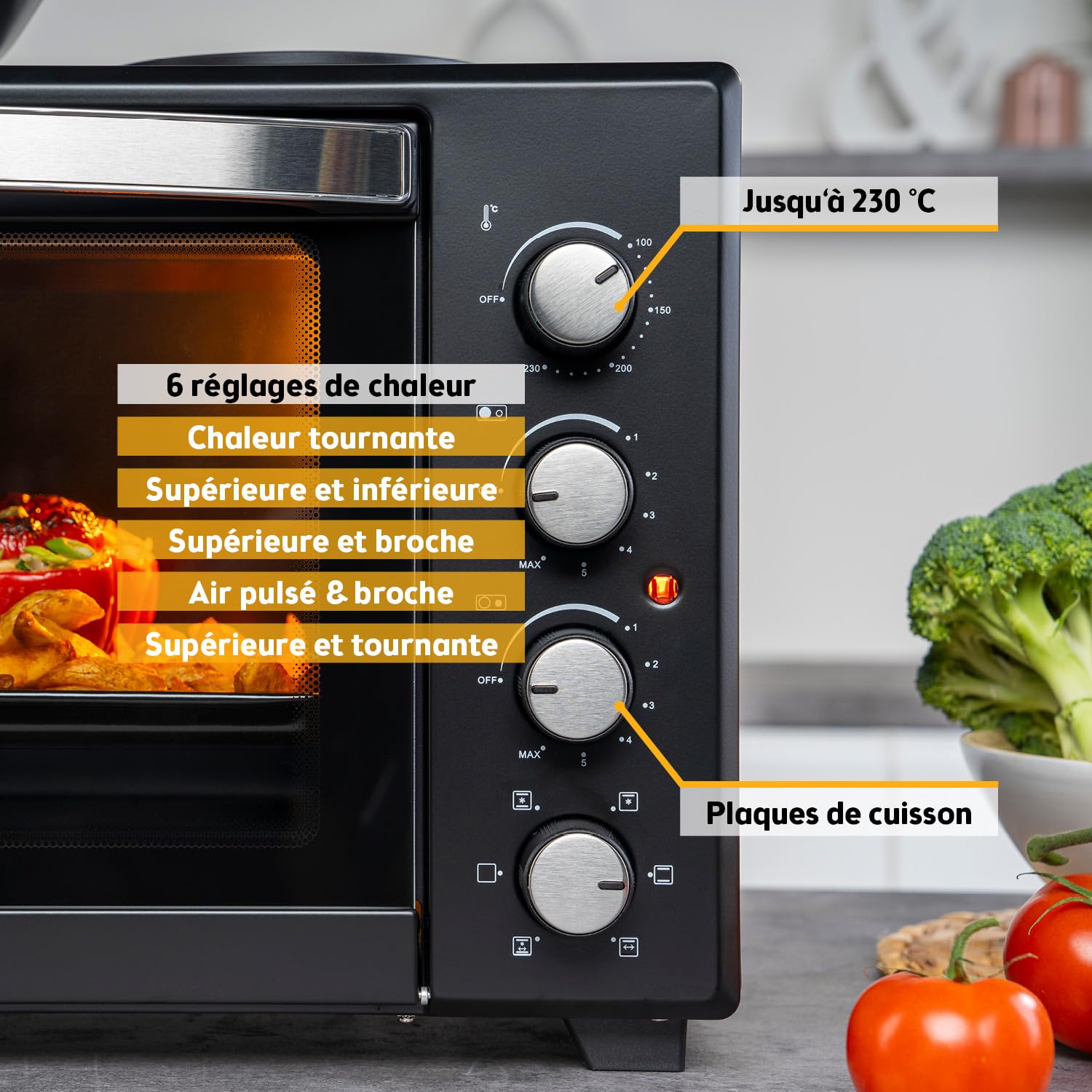 TZS First Austria - Mini-Four avec plaques de cuisson 45L 3200 W - Four à pizza jusqu'à 230°C & revêtement antiadhésif - Multifonction avec 4 hauteurs d'insertion & accessoires de haute qualité