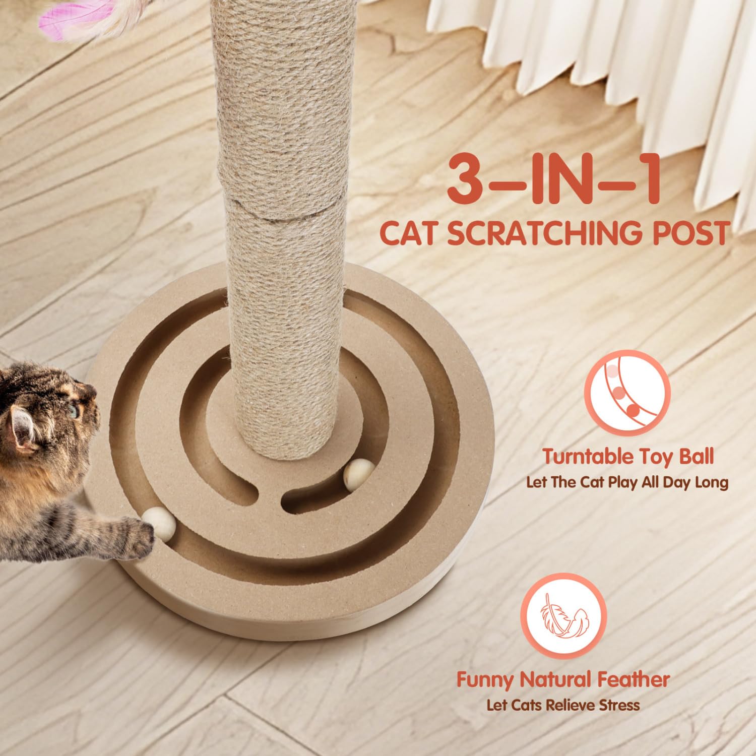 Nobleza Poste Rascador para Gatos con Base de Madera y Bolas, Árbol Rascador de Sisal Natural con Pluma, Juguete Interactivo 3 en 1, 55x30 cm
