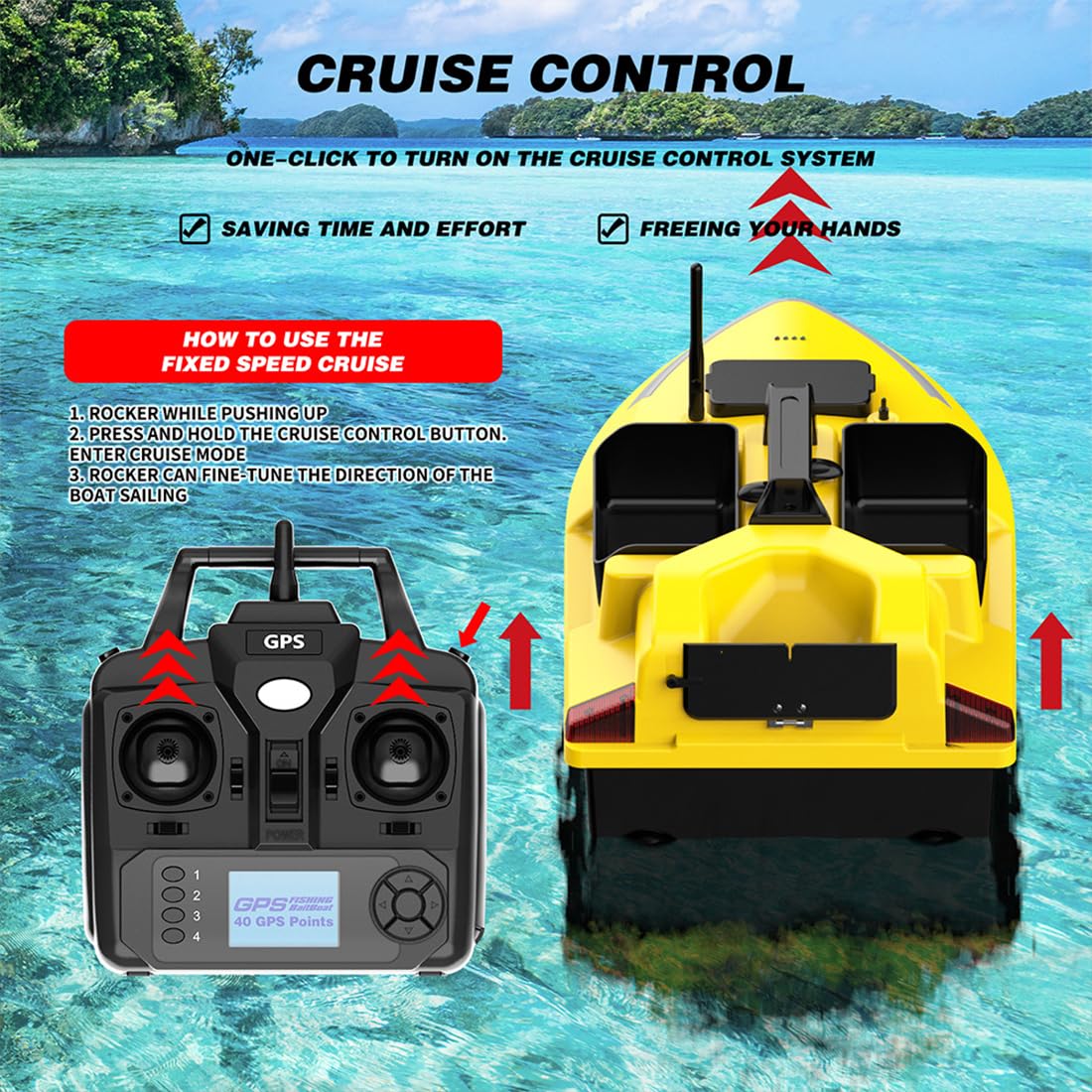 Barco de pesca con cebo a control remoto, lancha rápida inteligente V020 con 3 tolvas para cebo, control remoto de 500 m, 40 puntos de referencia GPS, retorno automático y luces LED de pesca brillan