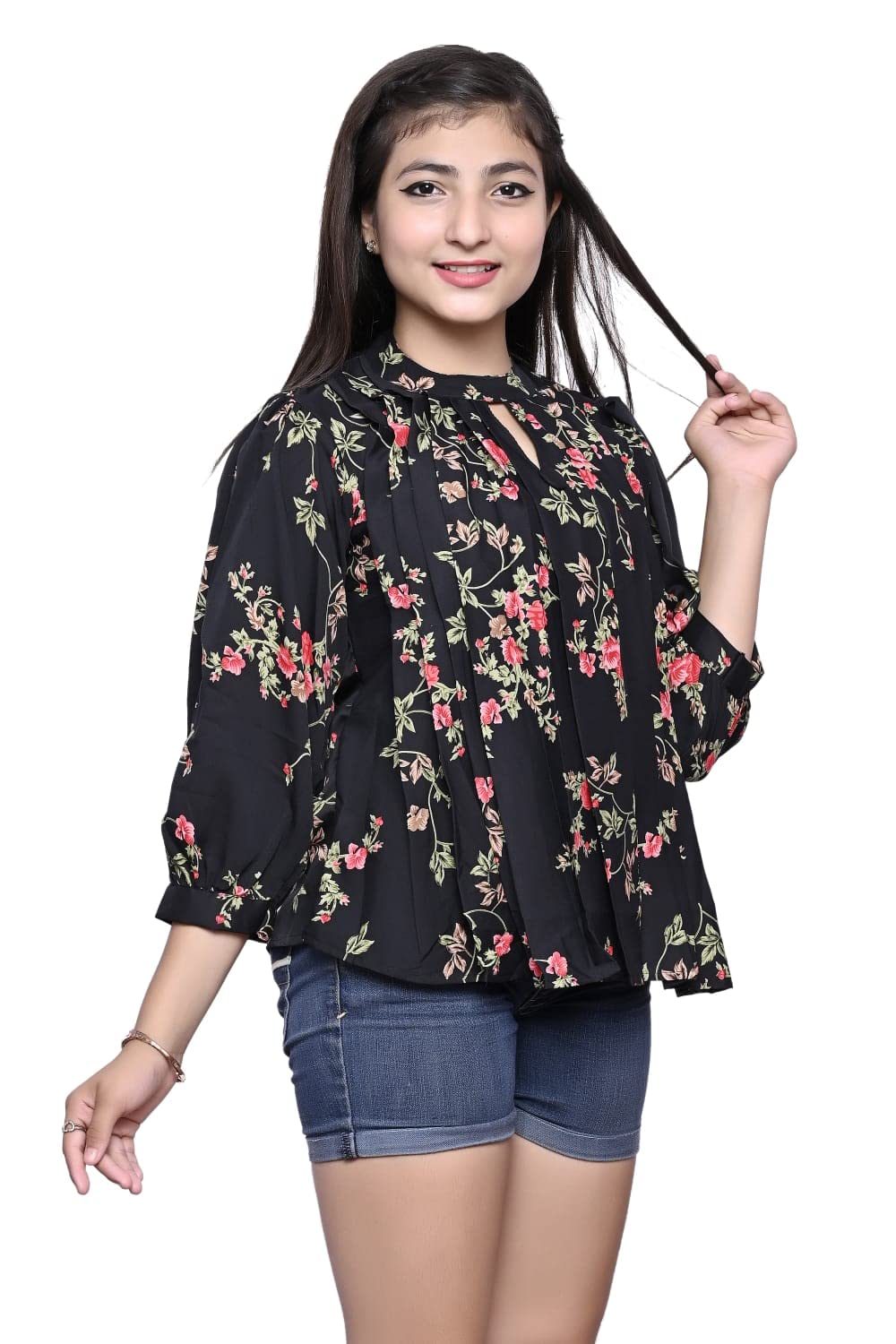 ORIEX THE ORIGINAL FASHION Girls Pleated Flower Design top-63 Black 12-13 Years 2