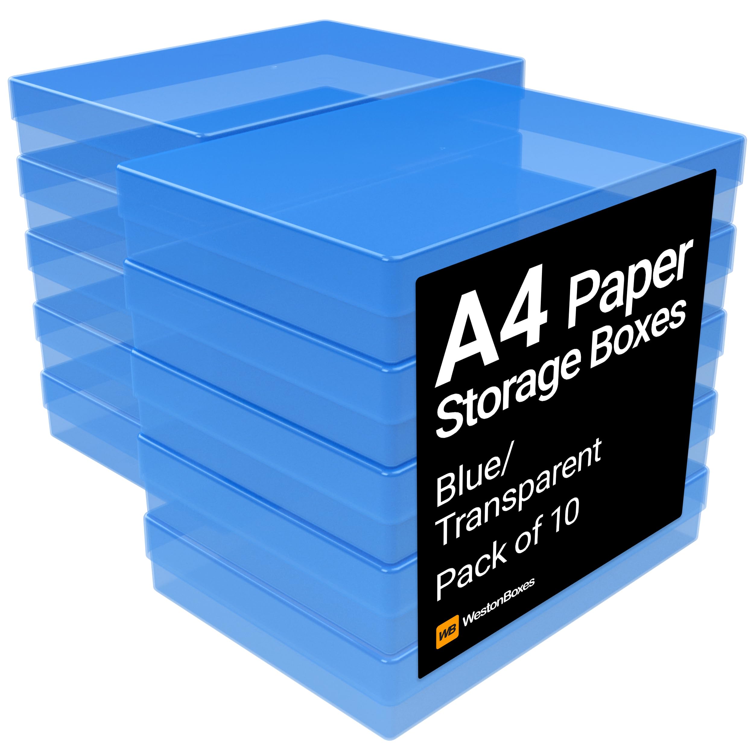WestonBoxes A4 Colourful Transparent Plastic Craft Storage Boxes with Lids for Art Supplies, Paper and Card (Blue/Transparent, Pack of 10) — image 1
