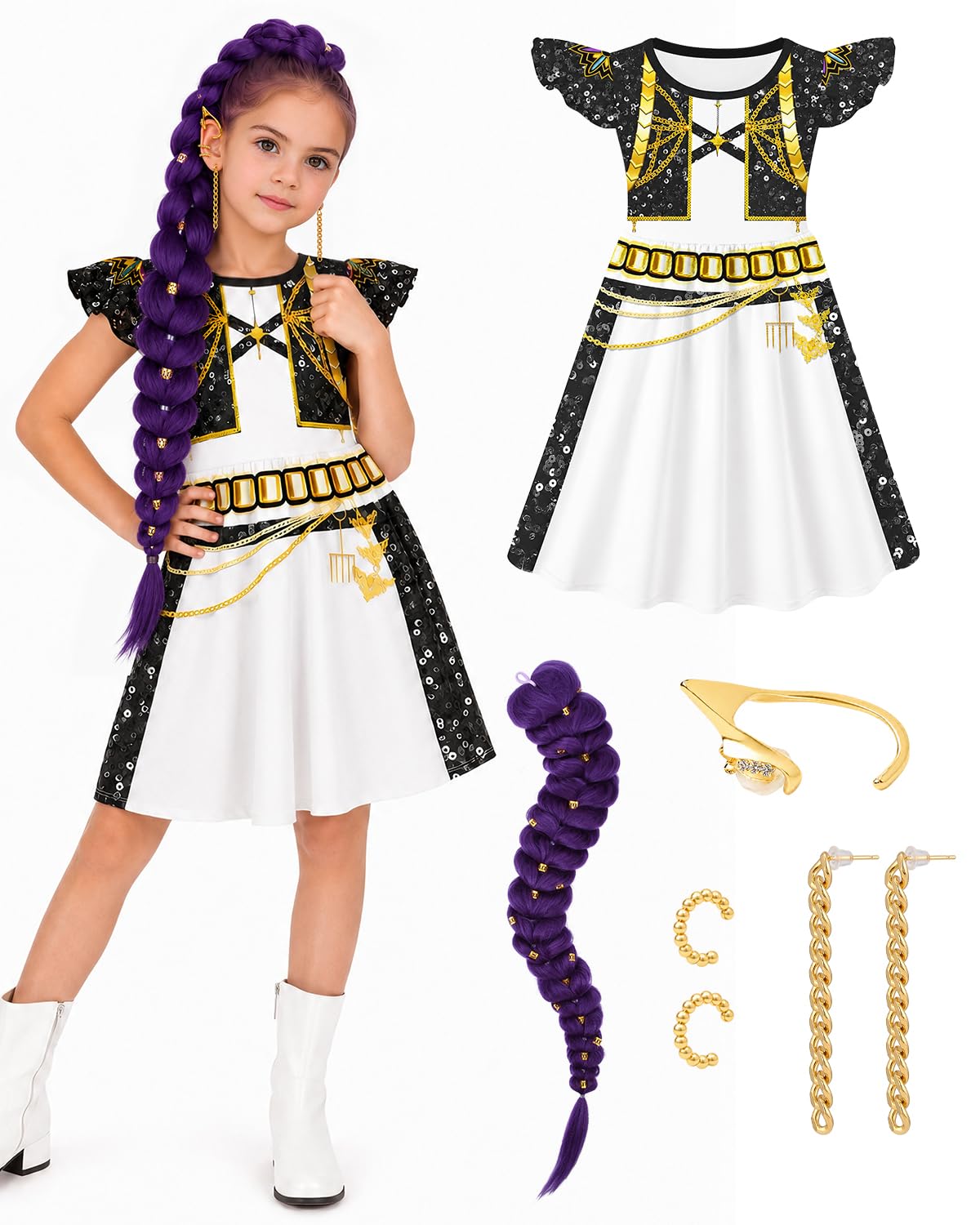 Halloween Costume Kids Pop Singer Golden Costume Girls with Wig Purple Braiding Ponytail Hair Extension Dress Set