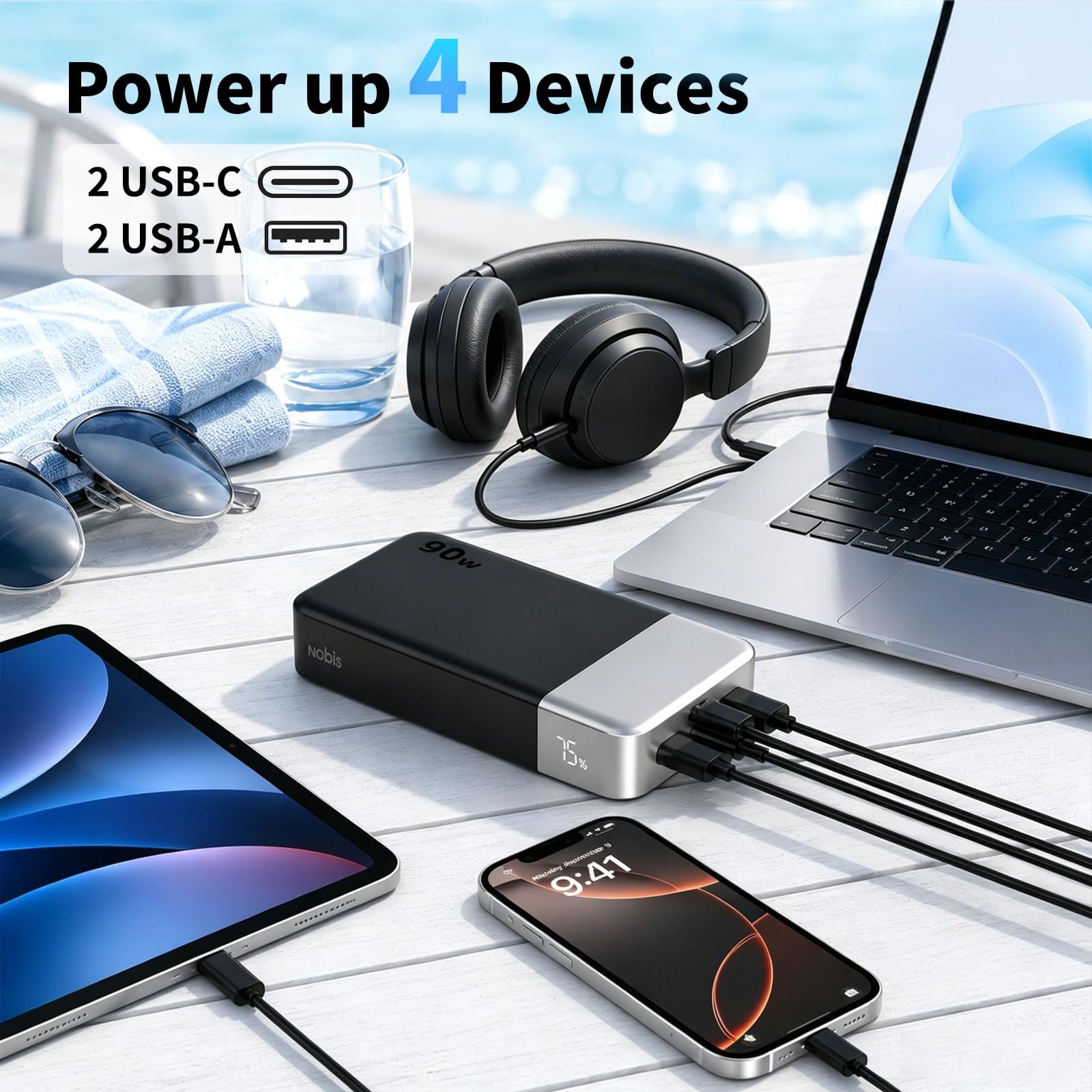 NOBIS Power Bank 90W 20000mAh, przenośna ładowarka do laptopa 4-portowa, szybkie ładowanie PD z wyświetlaczem cyfrowym, dla laptopa, tabletu, telefonu i innych urządzeń