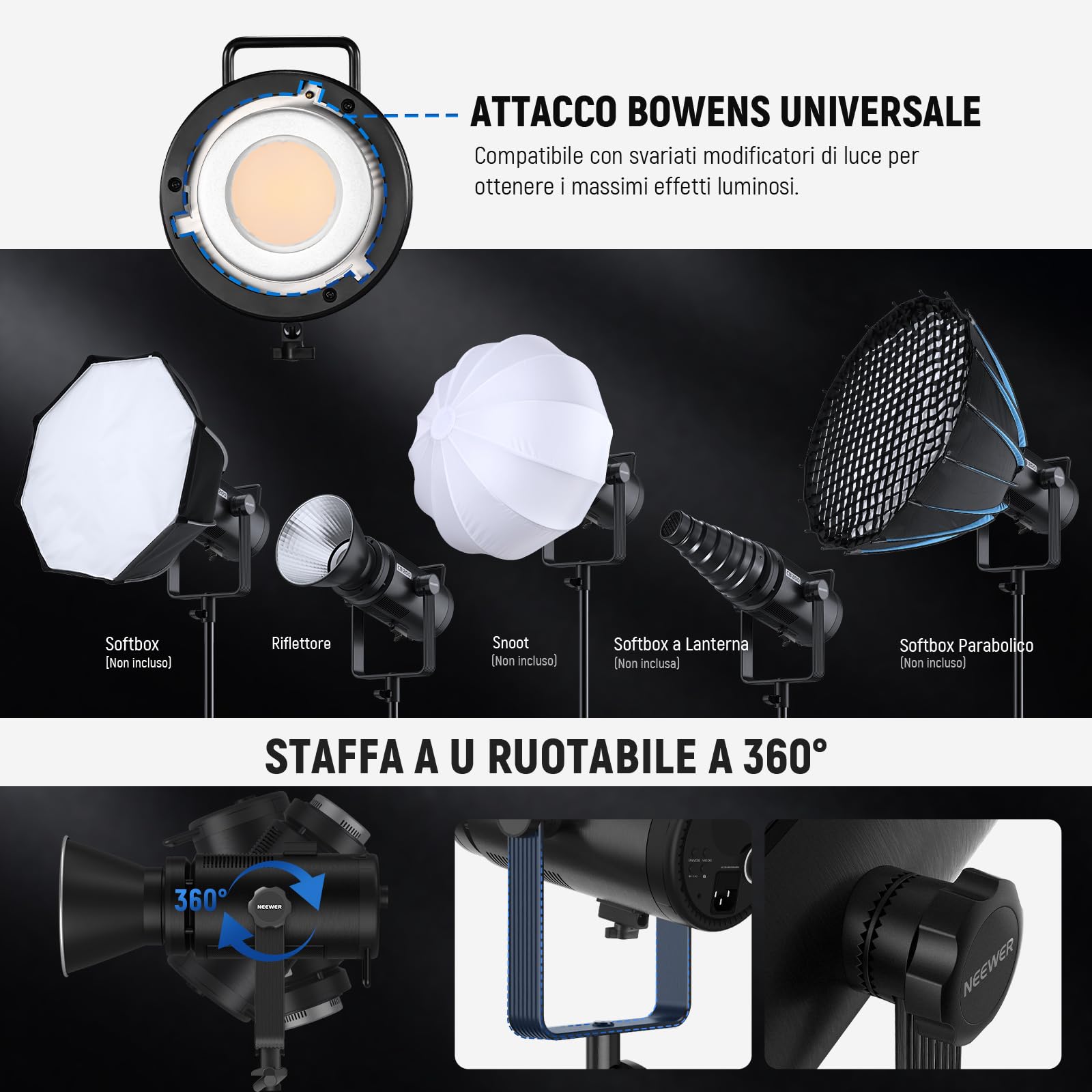 NEEWER CB200C 200W Luce Video a LED COB RGB, Controllo APP/2,4G Spettro Cromatico a 360° 2500K-7500K Luci Studio 23000lux/m 17 Scene Bowens Mount, Illuminazione Continua TLCI/CRI97+ per Foto Video