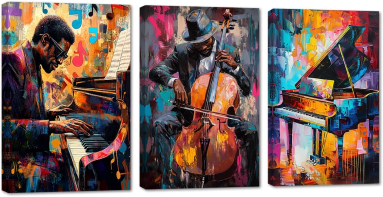 AWPANERAR Black Music Wall Art 3 Panel African American Canvas Prints Vintage Jazz Musical Instruments Pictures Musical Club Decor Framed (Black, (16.00" x 24.00" x 3PCS))
